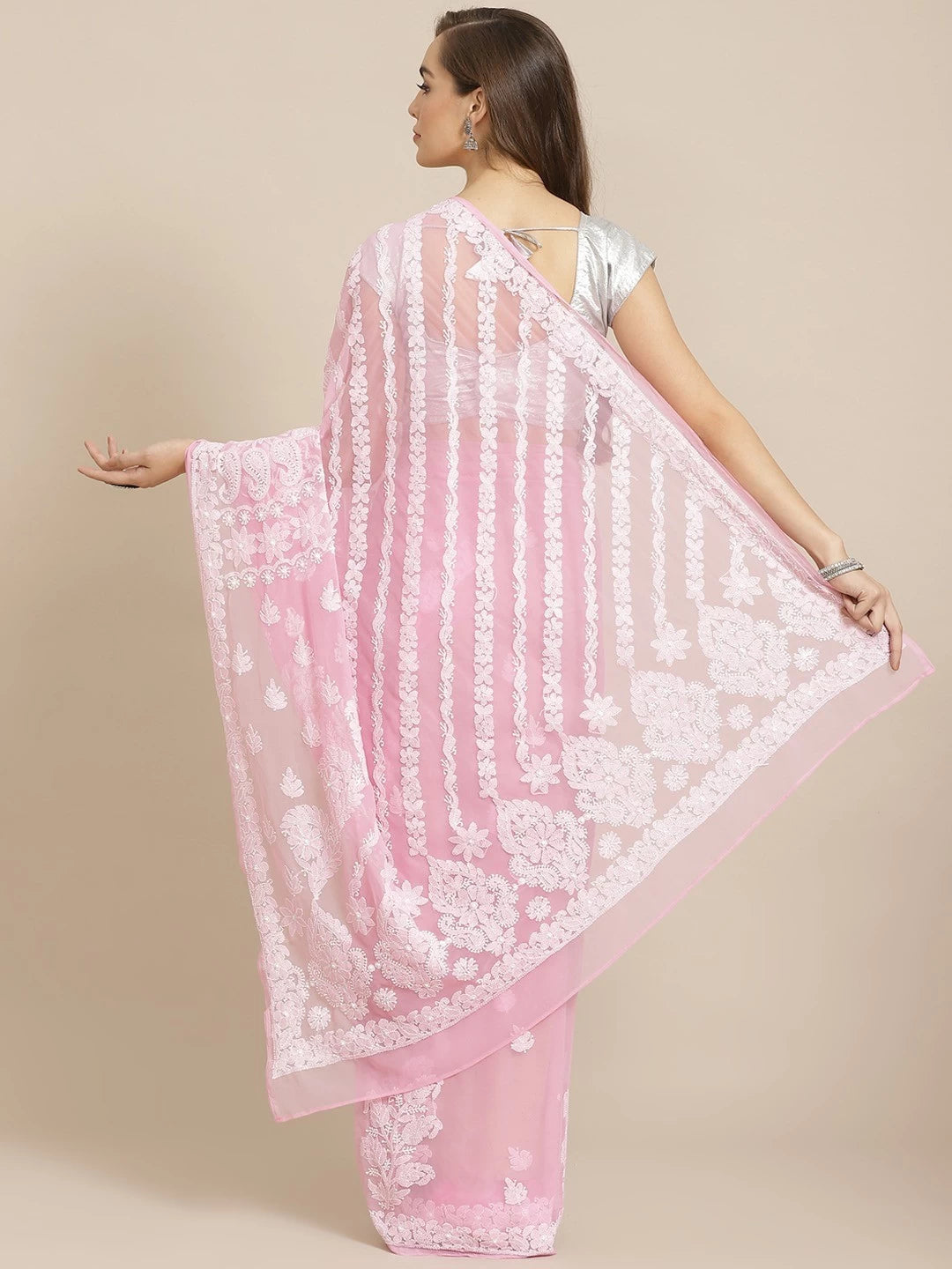 Ada Hand Embroidered Pink Georgette Lucknow Chikankari Saree with Blouse A311289
