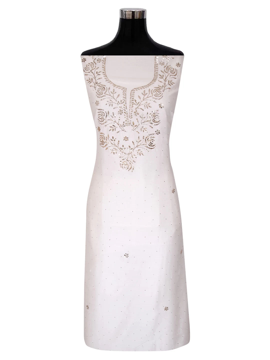 Ada Hand Embroidered White Chanderi Lucknowi Chikankari Unstitched Kurta Dupatta Set With Muqaish Work 01A147878