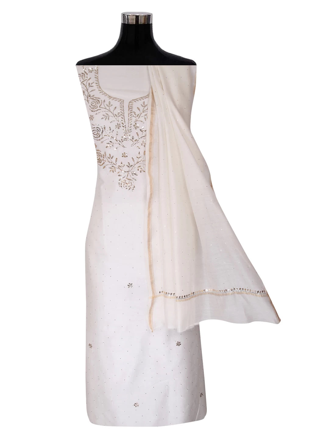 Ada Hand Embroidered White Chanderi Lucknowi Chikankari Unstitched Kurta Dupatta Set With Muqaish Work 01A147878