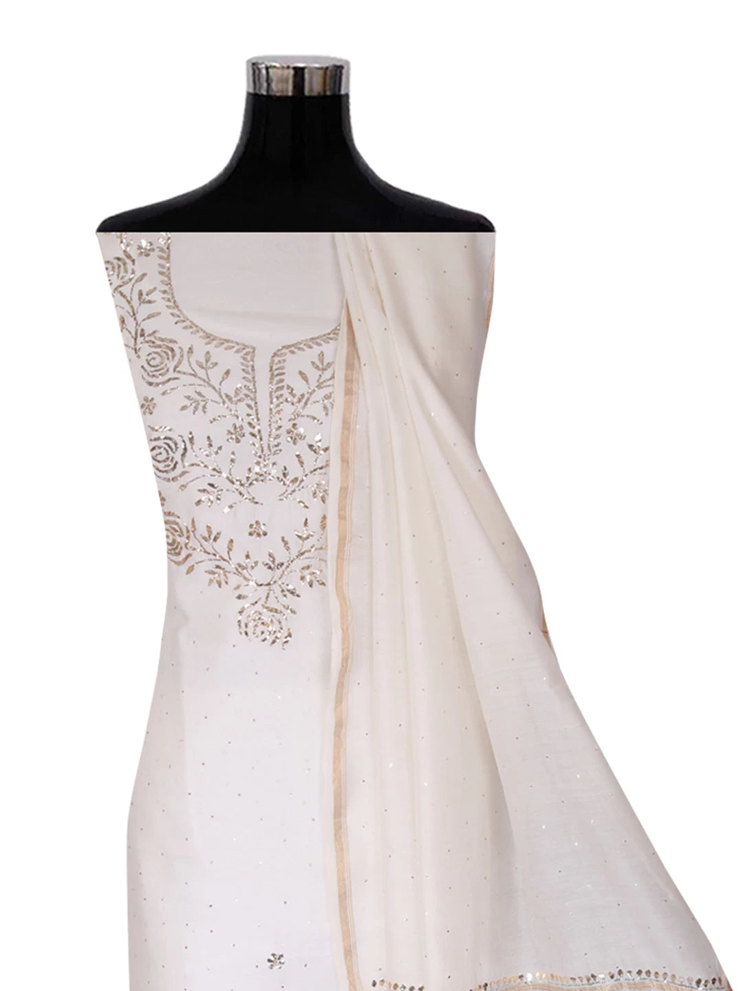 Ada Hand Embroidered White Chanderi Lucknowi Chikankari Unstitched Kurta Dupatta Set With Muqaish Work 01A147878