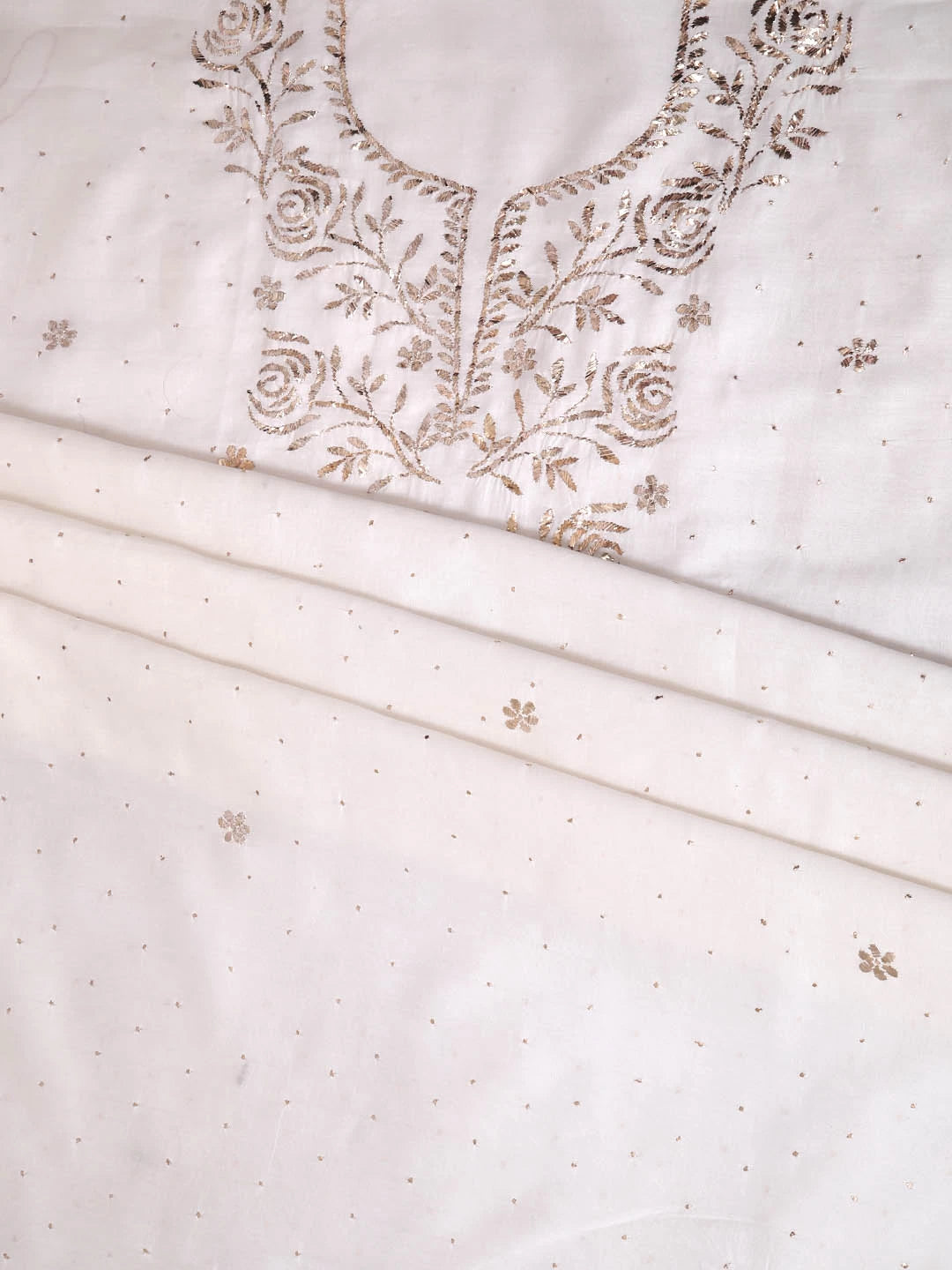 Ada Hand Embroidered White Chanderi Lucknowi Chikankari Unstitched Kurta Dupatta Set With Muqaish Work 01A147878