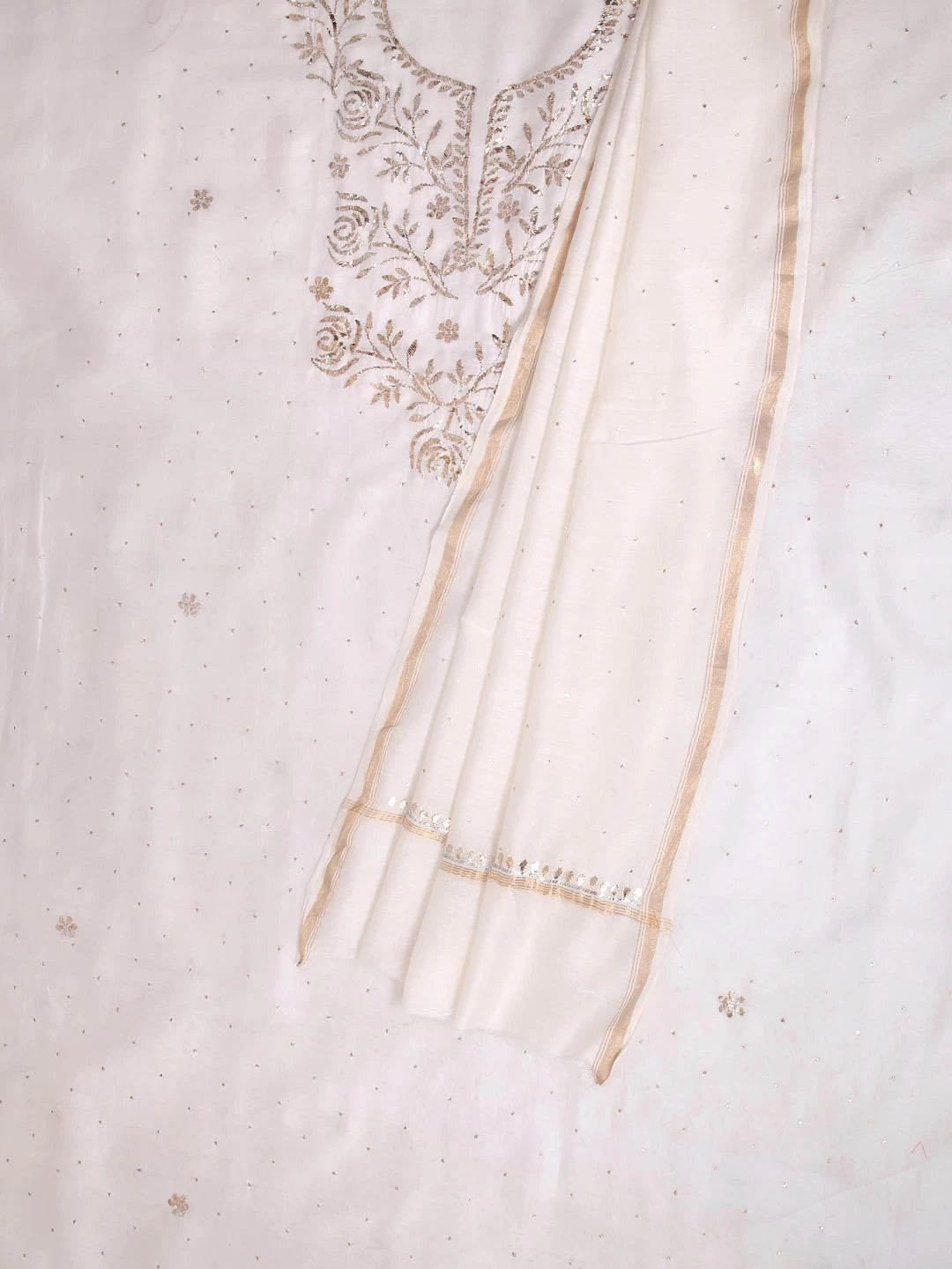 Ada Hand Embroidered White Chanderi Lucknowi Chikankari Unstitched Kurta Dupatta Set With Muqaish Work 01A147878
