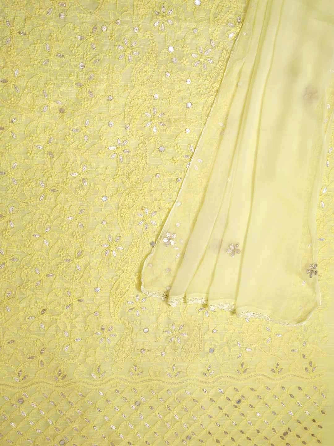 Ada Hand Embroidered Lemon Chanderi Lucknowi Chikankari Unstitched Kurta Dupatta Set With Gota Patti Work 01A196969