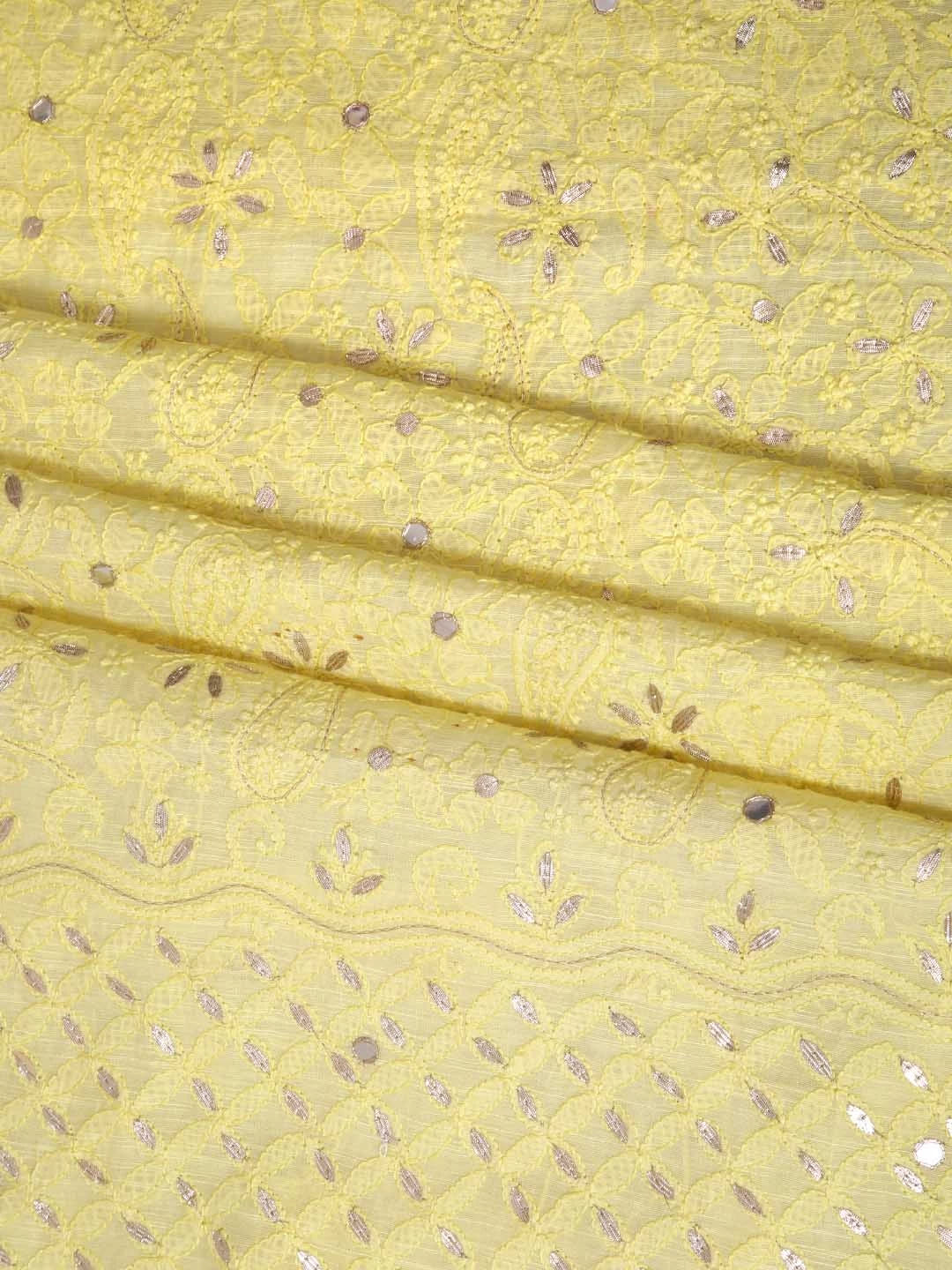 Ada Hand Embroidered Lemon Chanderi Lucknowi Chikankari Unstitched Kurta Dupatta Set With Gota Patti Work 01A196969
