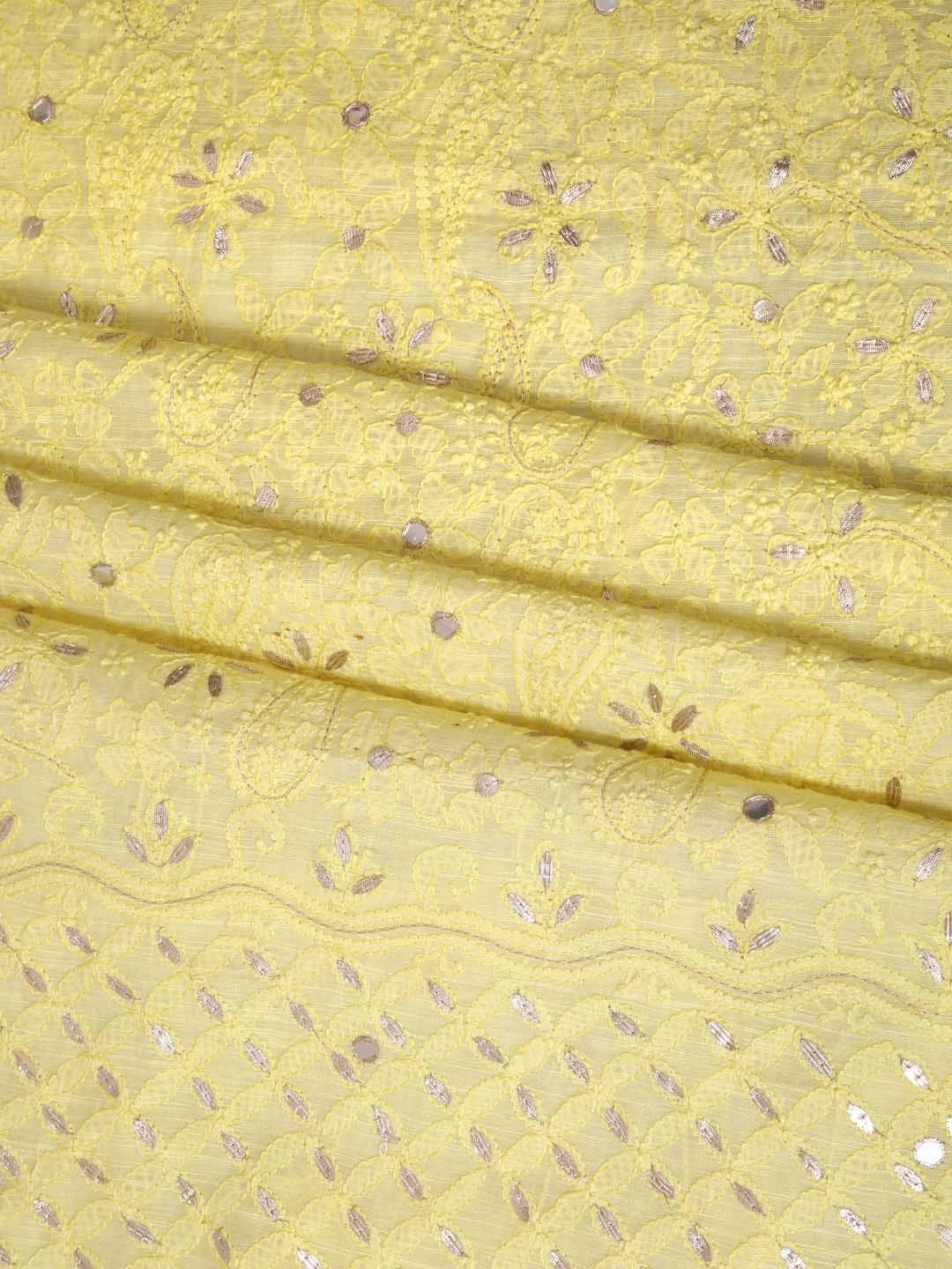 Ada Hand Embroidered Lemon Chanderi Lucknowi Chikankari Unstitched Kurta Dupatta Set With Gota Patti Work 01A196969