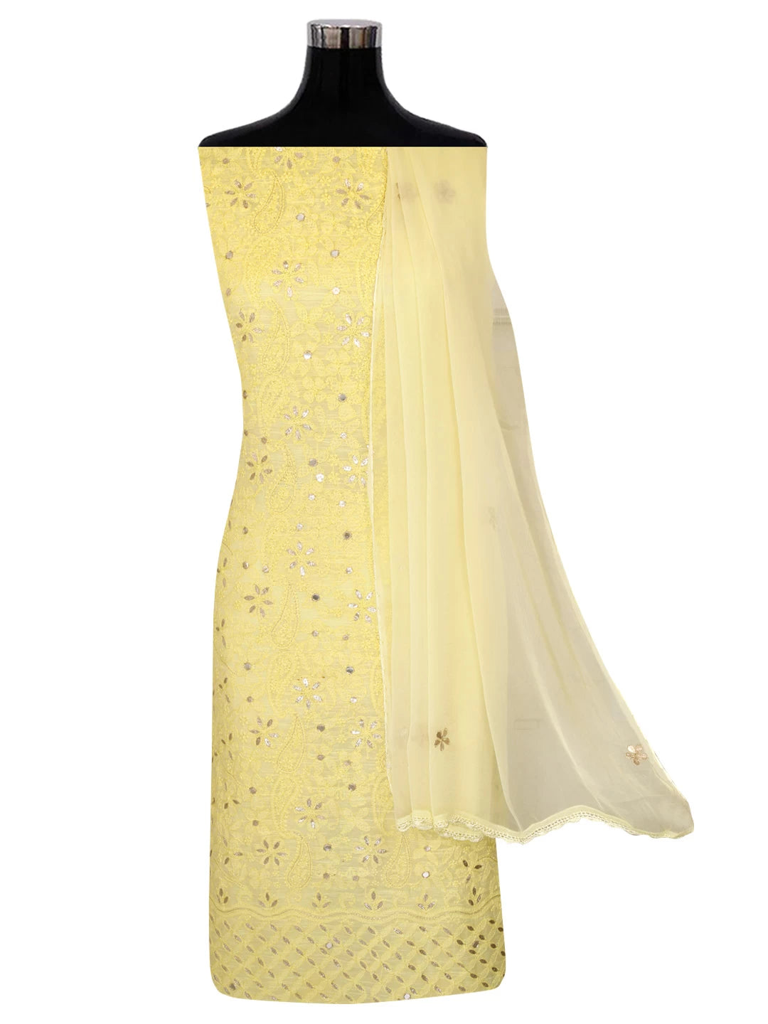 Ada Hand Embroidered Lemon Chanderi Lucknowi Chikankari Unstitched Kurta Dupatta Set With Gota Patti Work 01A196969