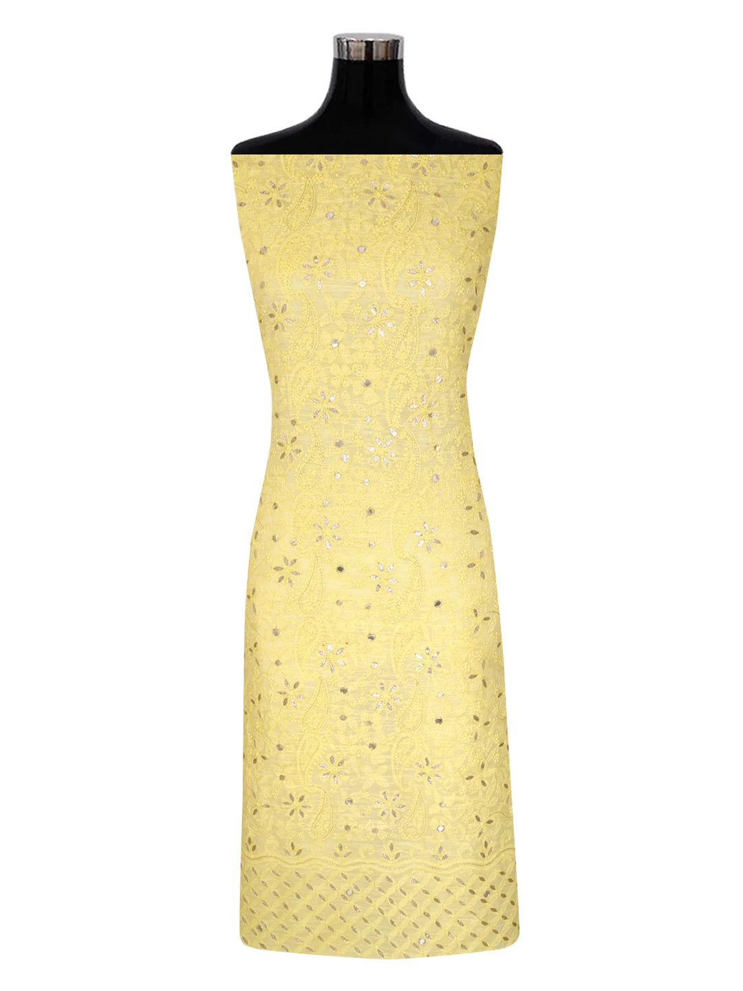 Ada Hand Embroidered Lemon Chanderi Lucknowi Chikankari Unstitched Kurta Dupatta Set With Gota Patti Work 01A196969