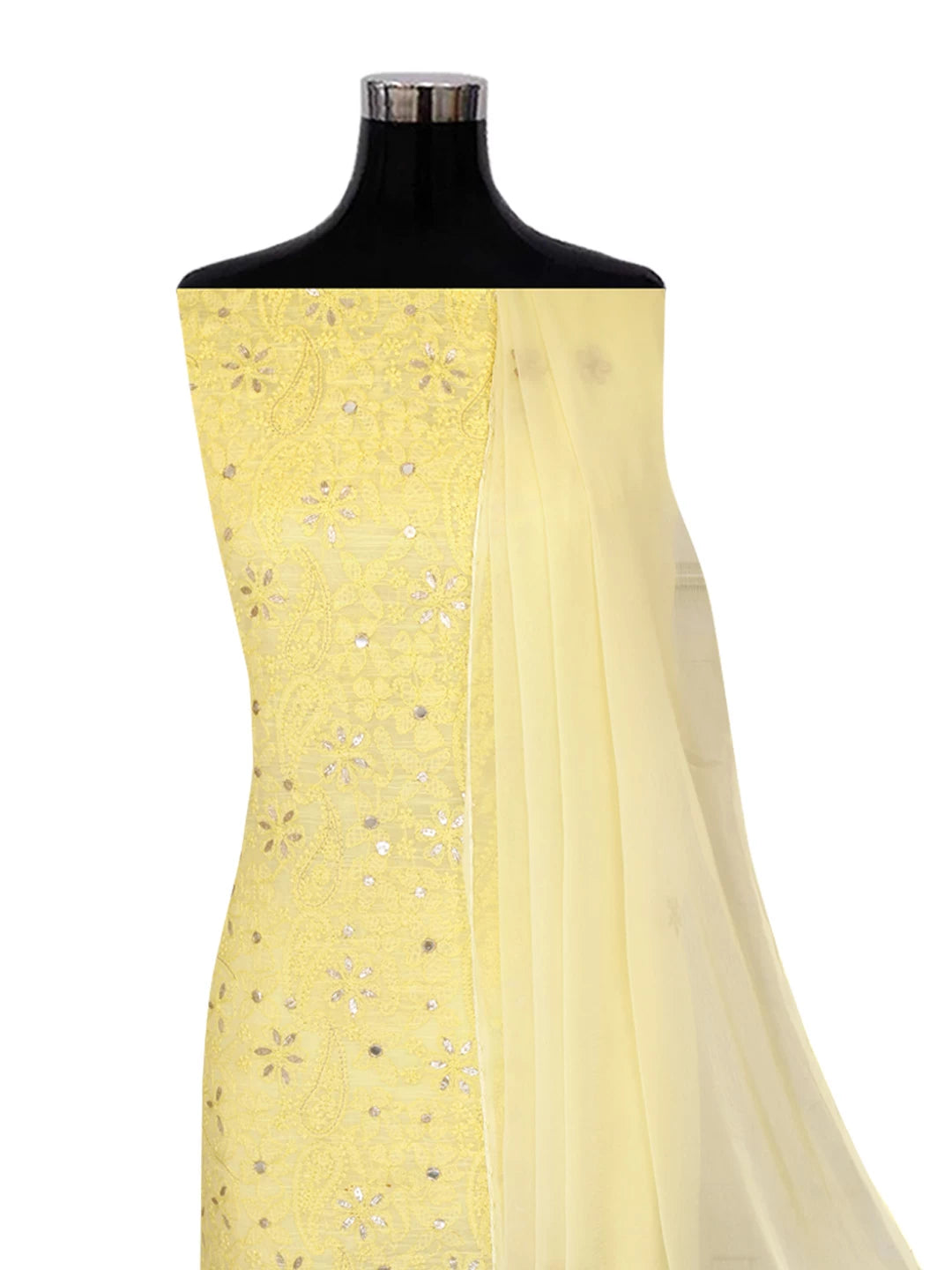 Ada Hand Embroidered Lemon Chanderi Lucknowi Chikankari Unstitched Kurta Dupatta Set With Gota Patti Work 01A196969
