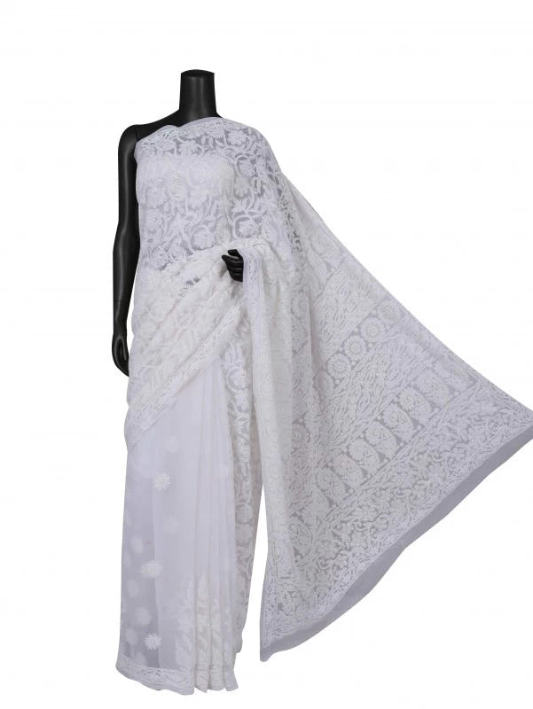 Ada Hand Embroidered White Georgette Lucknowi Chikankari Saree With Blouse 01A135423