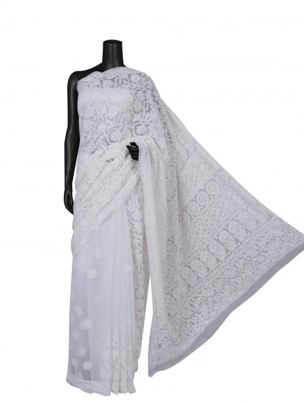 Ada Hand Embroidered White Georgette Lucknowi Chikankari Saree With Blouse 01A135423