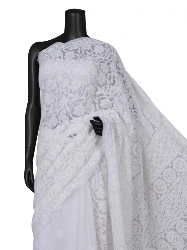Ada Hand Embroidered White Georgette Lucknowi Chikankari Saree With Blouse 01A135423