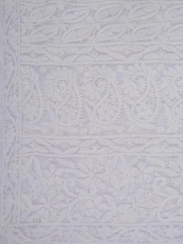 Ada Hand Embroidered White Georgette Lucknowi Chikankari Saree With Blouse 01A135423