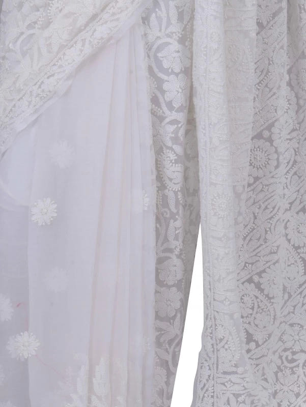 Ada Hand Embroidered White Georgette Lucknowi Chikankari Saree With Blouse 01A135423