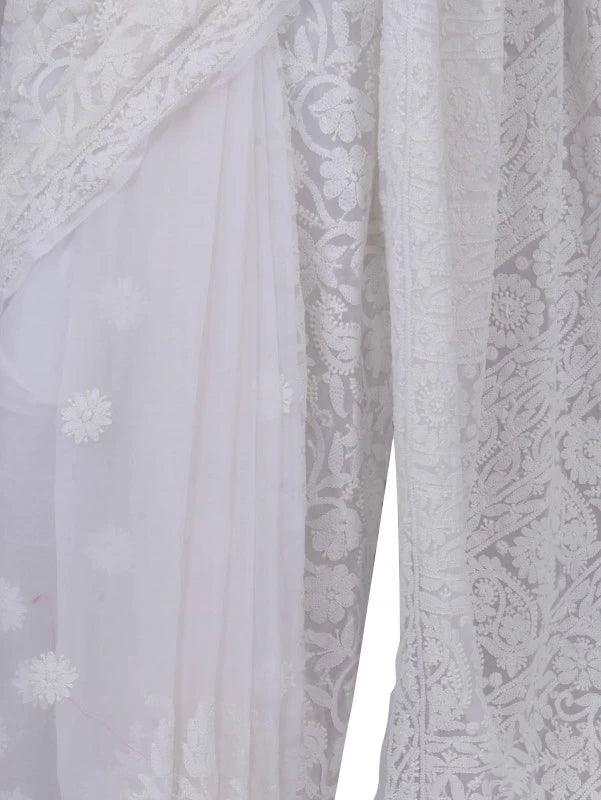 Ada Hand Embroidered White Georgette Lucknowi Chikankari Saree With Blouse 01A135423