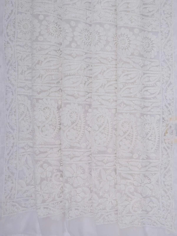 Ada Hand Embroidered White Georgette Lucknowi Chikankari Saree With Blouse 01A135423