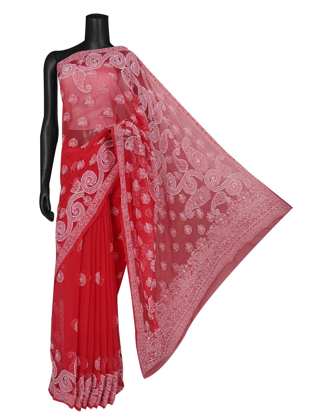 Ada Hand Embroidered Carrot Pink Georgette Lucknowi Chikankari Saree With Blouse 01A220572