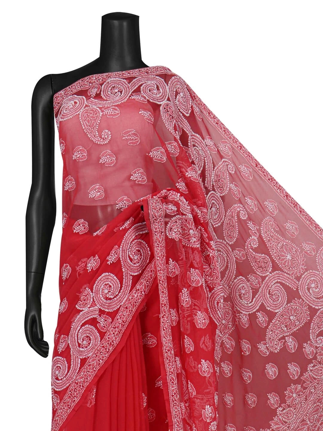 Ada Hand Embroidered Carrot Pink Georgette Lucknowi Chikankari Saree With Blouse 01A220572