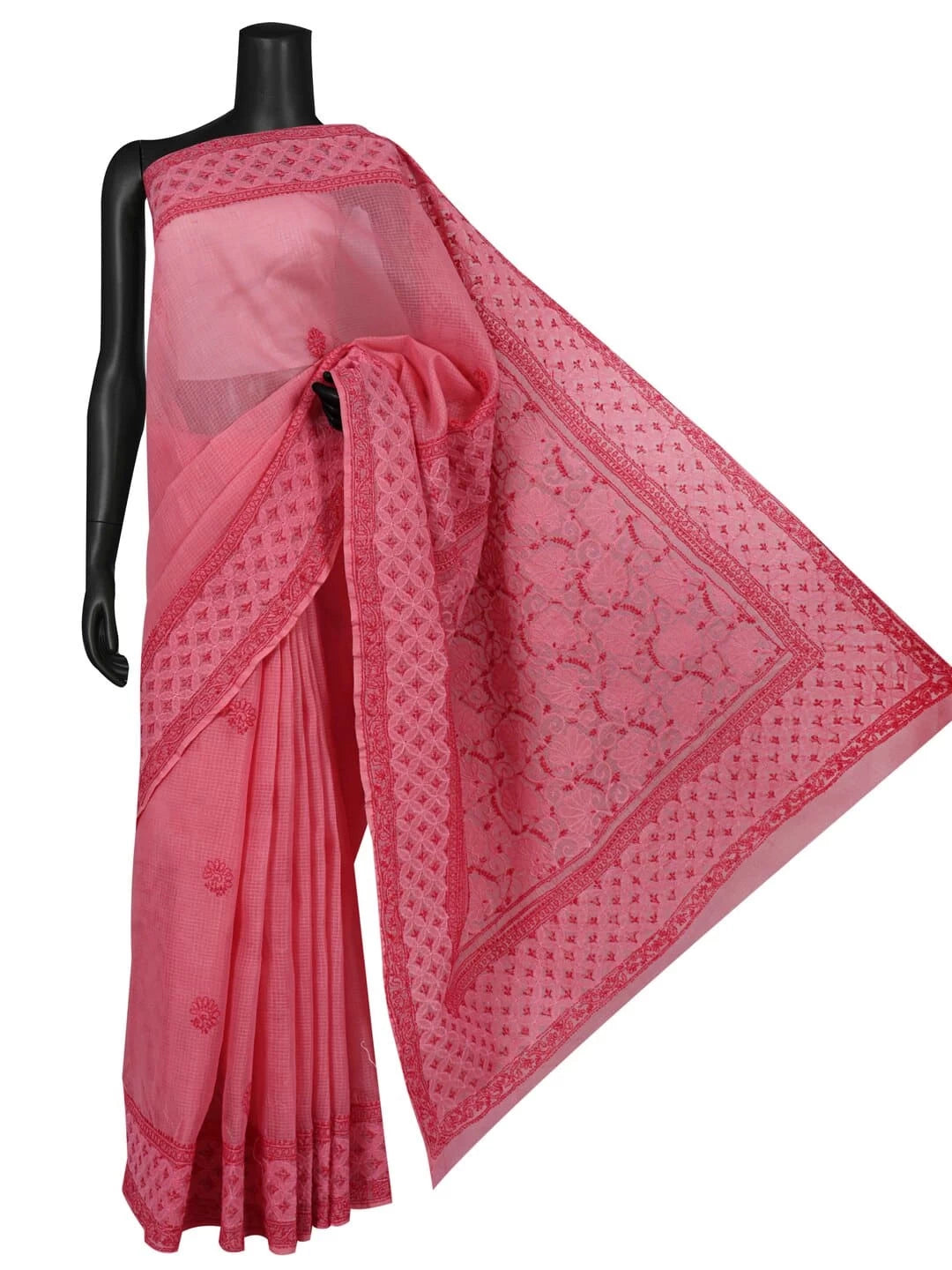 Ada Hand Embroidered Onion Pink Kota Lucknowi Chikankari Saree With Blouse 01A220561