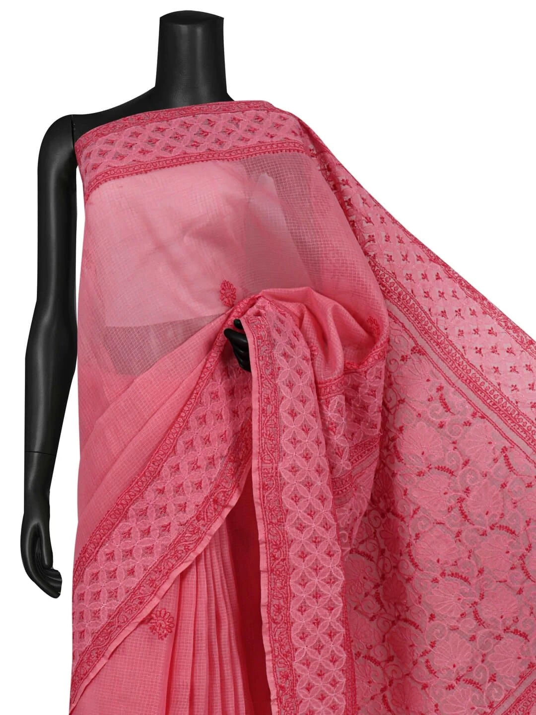 Ada Hand Embroidered Onion Pink Kota Lucknowi Chikankari Saree With Blouse 01A220561