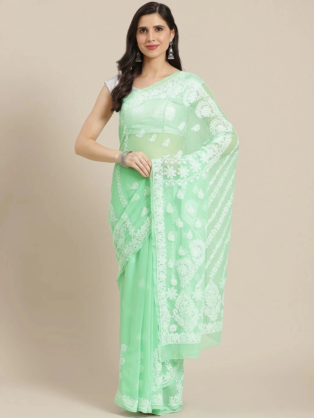 Ada Hand Embroidered Green Georgette Lucknowi Chikankari Saree With Blouse A311311