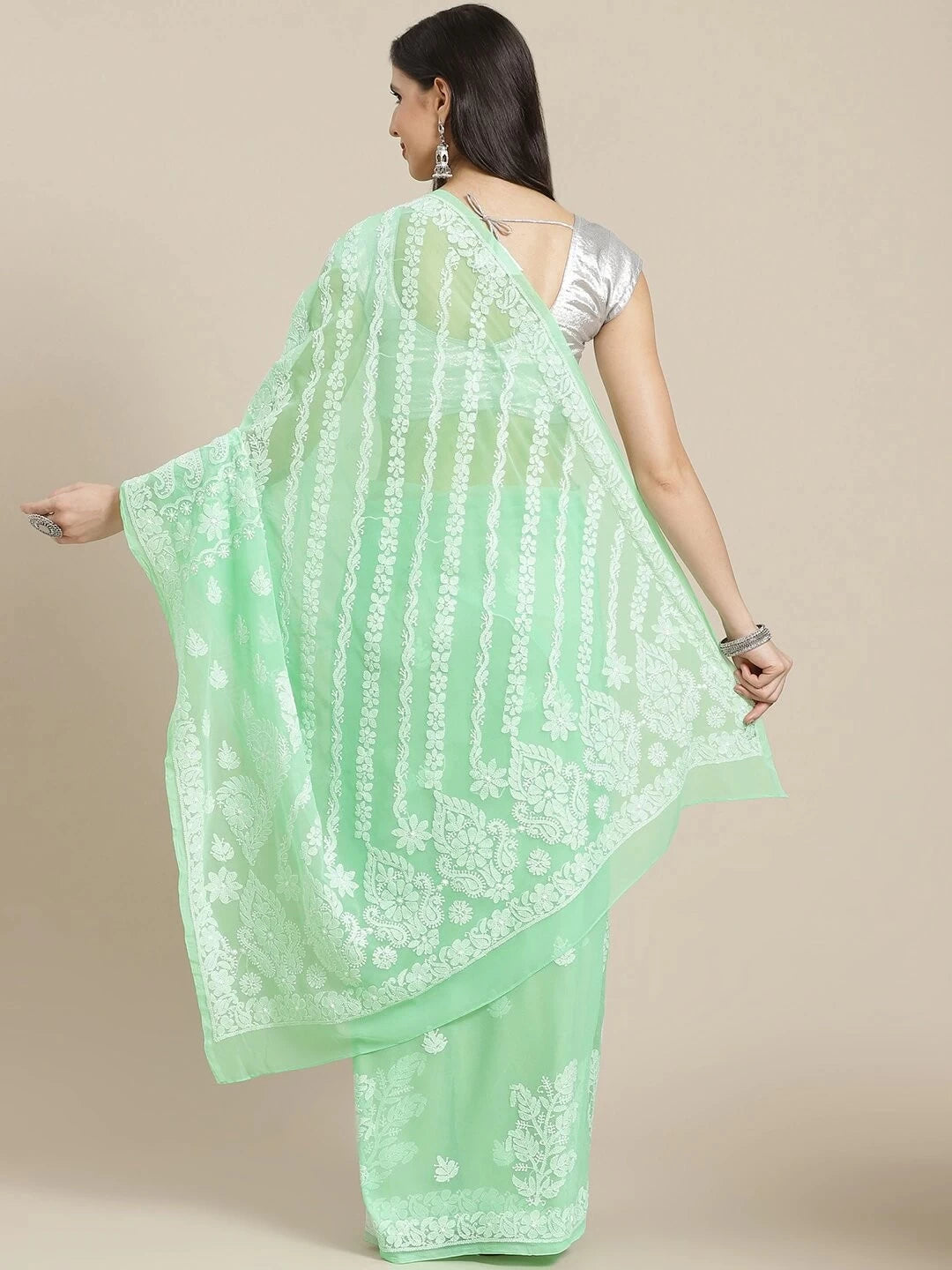 Ada Hand Embroidered Green Georgette Lucknowi Chikankari Saree With Blouse A311311