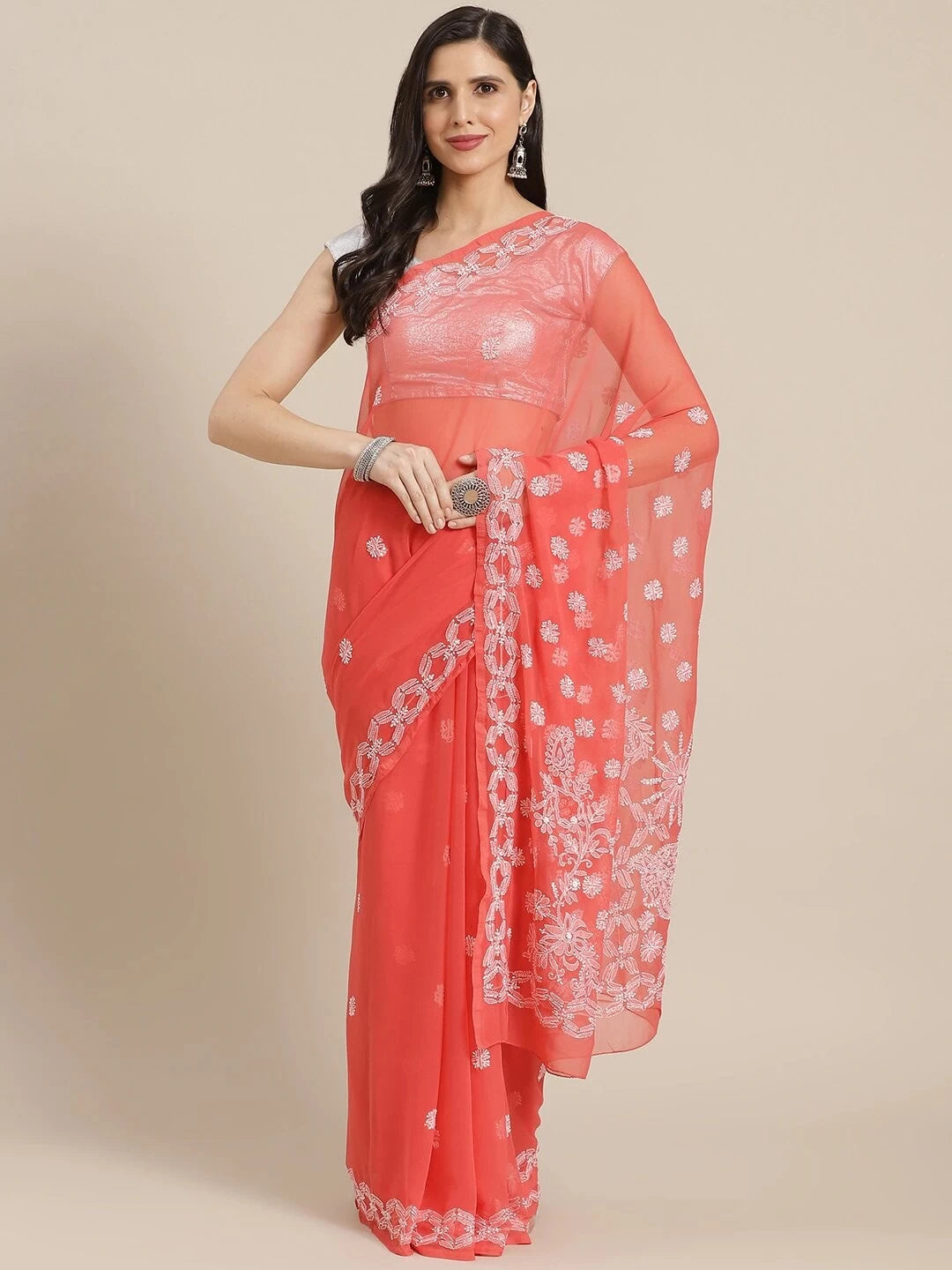 Ada Hand Embroidered Carrot Pink Georgette Lucknowi Chikankari Saree With Blouse A191489