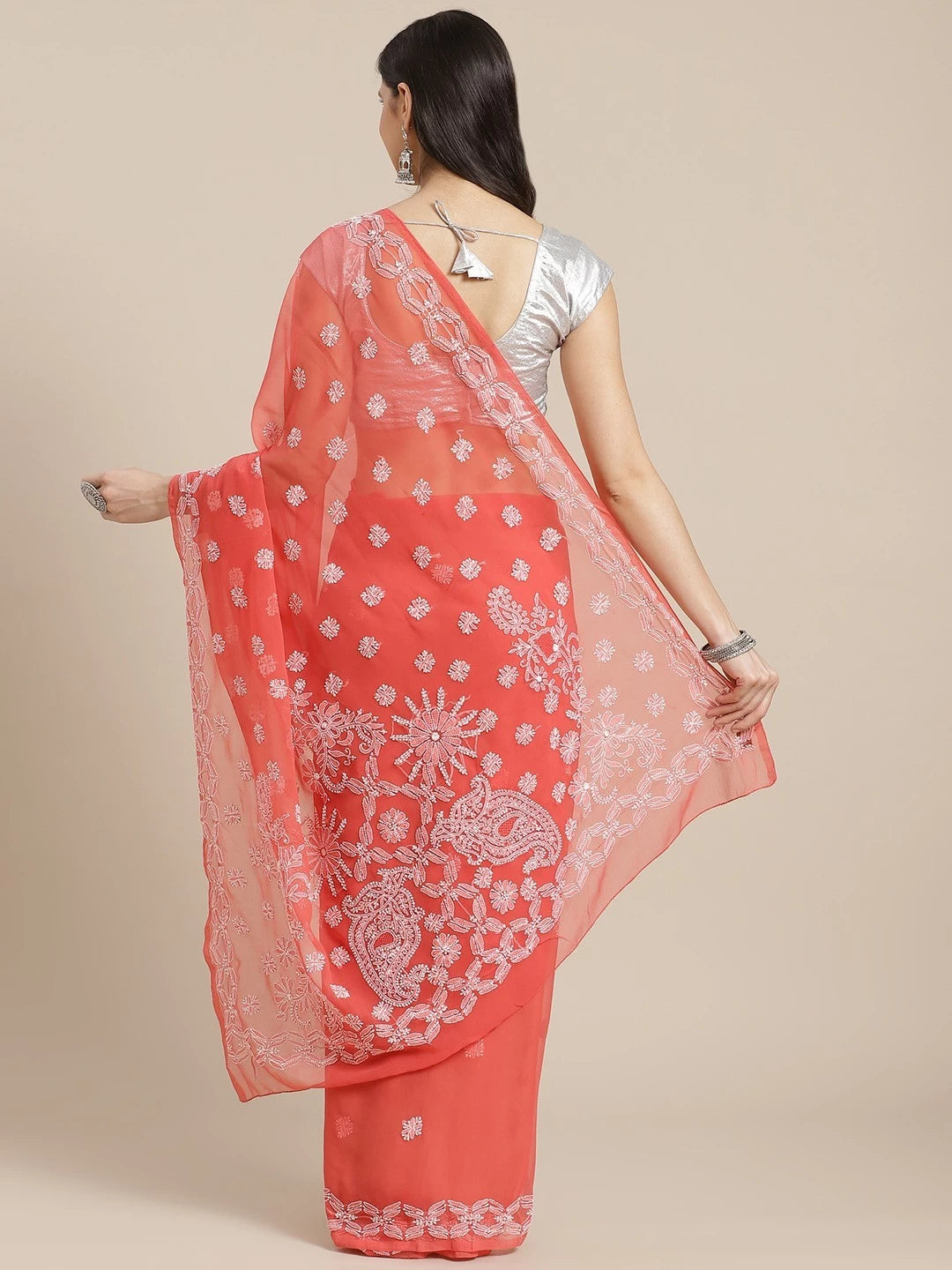 Ada Hand Embroidered Carrot Pink Georgette Lucknowi Chikankari Saree With Blouse A191489