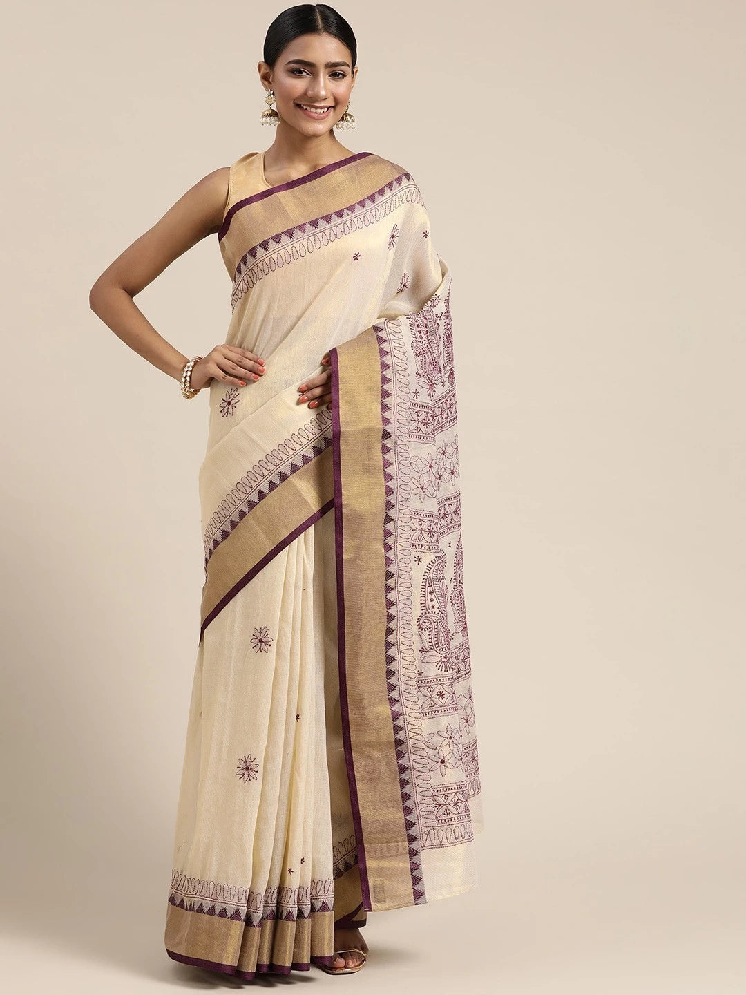 Ada Hand Embroidered Fawn Kota Lucknow Chikankari Saree With Blouse A311356
