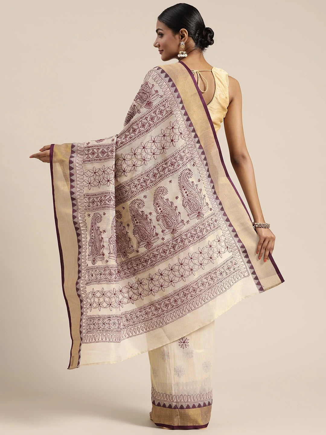 Ada Hand Embroidered Fawn Kota Lucknow Chikankari Saree With Blouse A311356