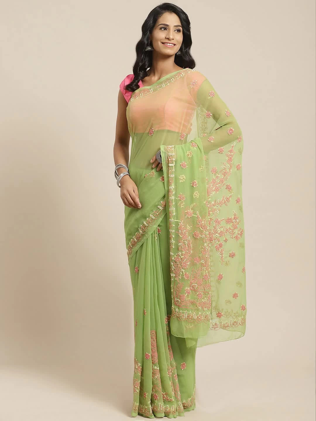 Ada Hand Embroidered Green Georgette Lucknowi Chikankari Saree With Blouse A120088
