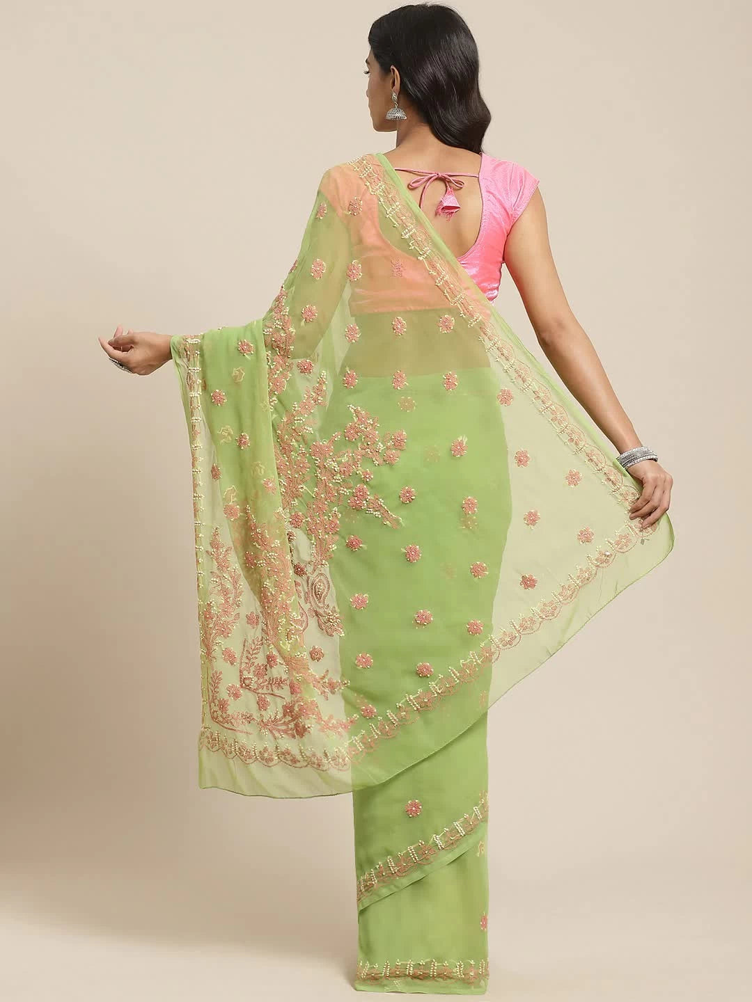 Ada Hand Embroidered Green Georgette Lucknowi Chikankari Saree With Blouse A120088