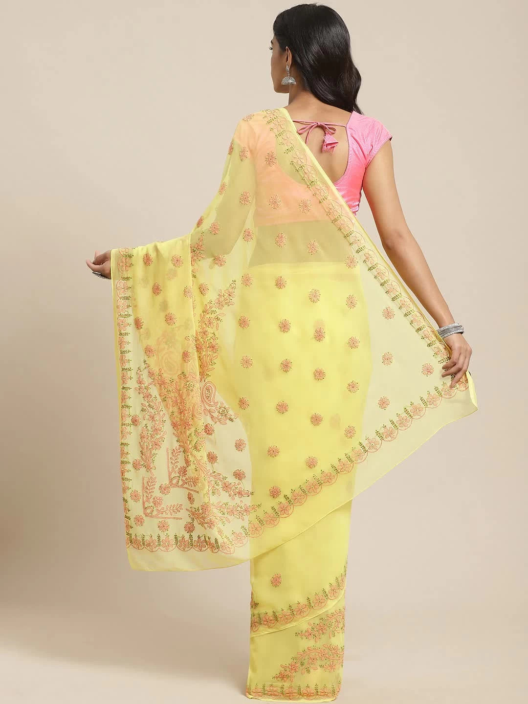 Ada Hand Embroidered Yellow Georgette Lucknowi Chikankari Saree With Blouse A381003