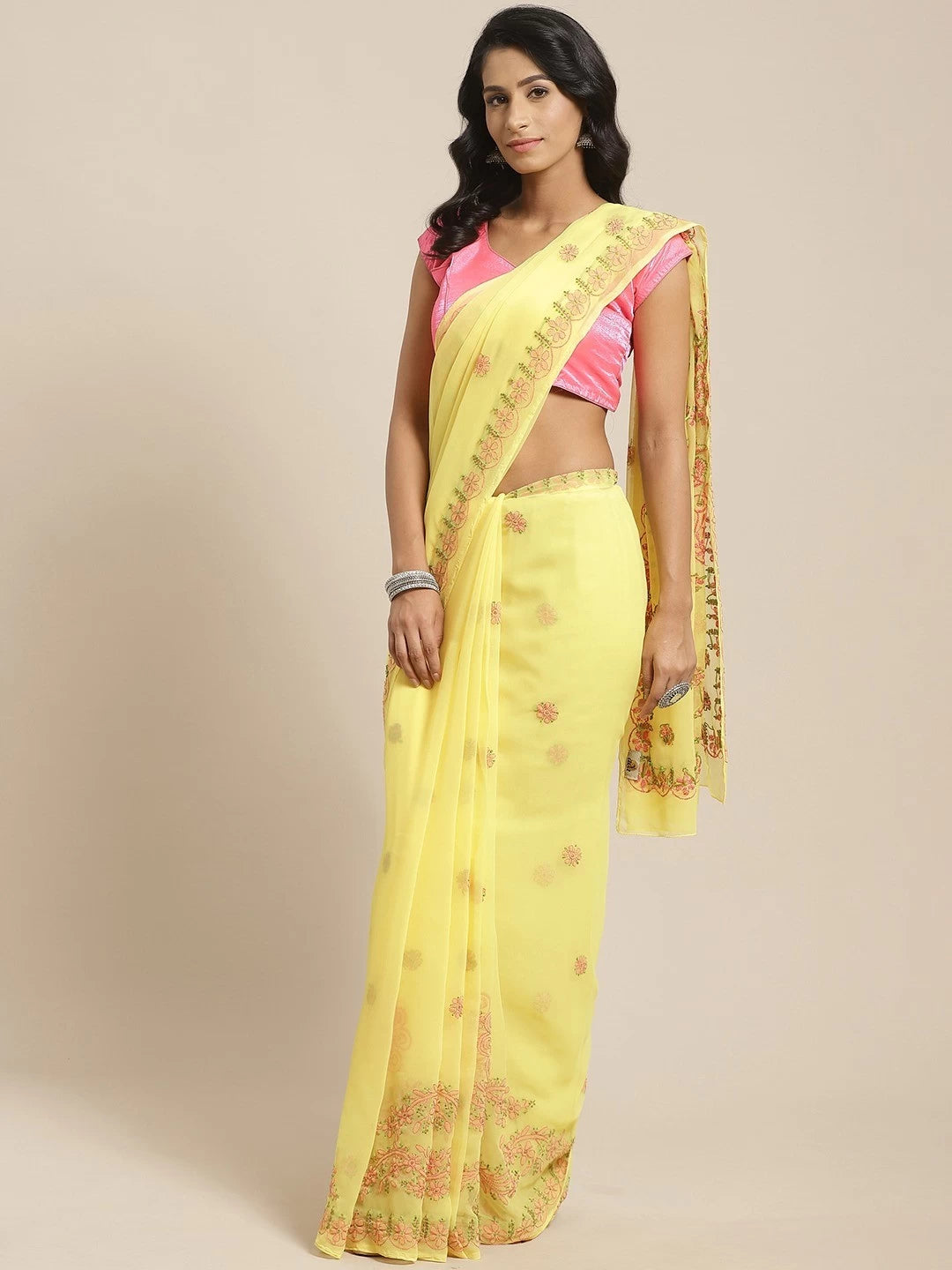 Ada Hand Embroidered Yellow Georgette Lucknowi Chikankari Saree With Blouse A381003