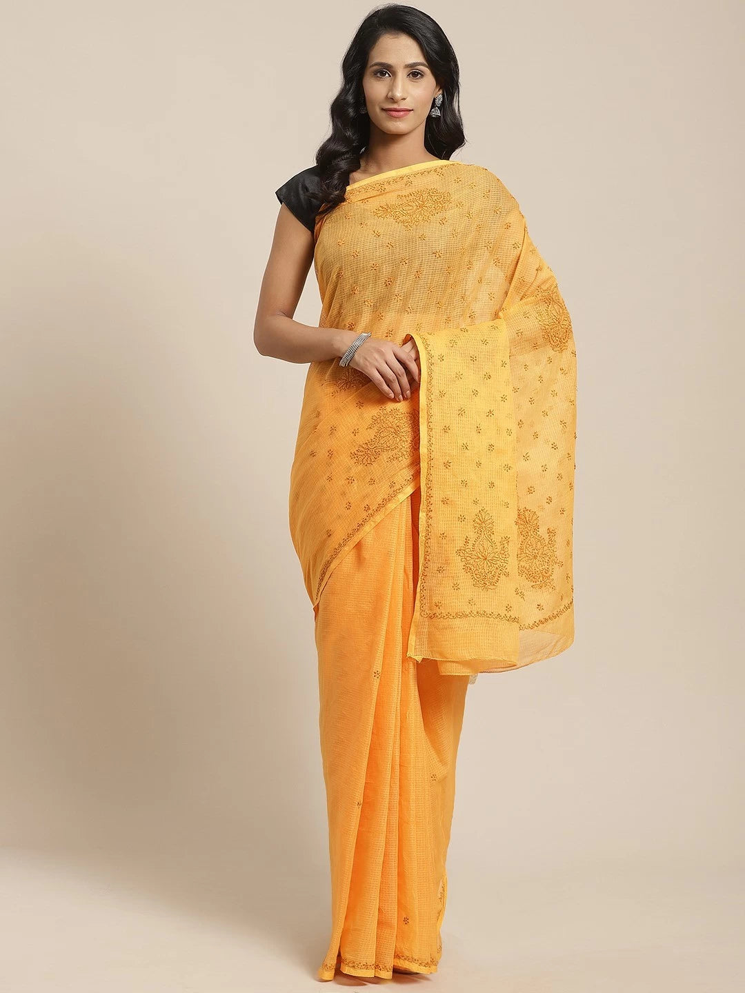 Ada Hand Embroidered Mustard Kota Lucknowi Chikankari Saree With Blouse A311112