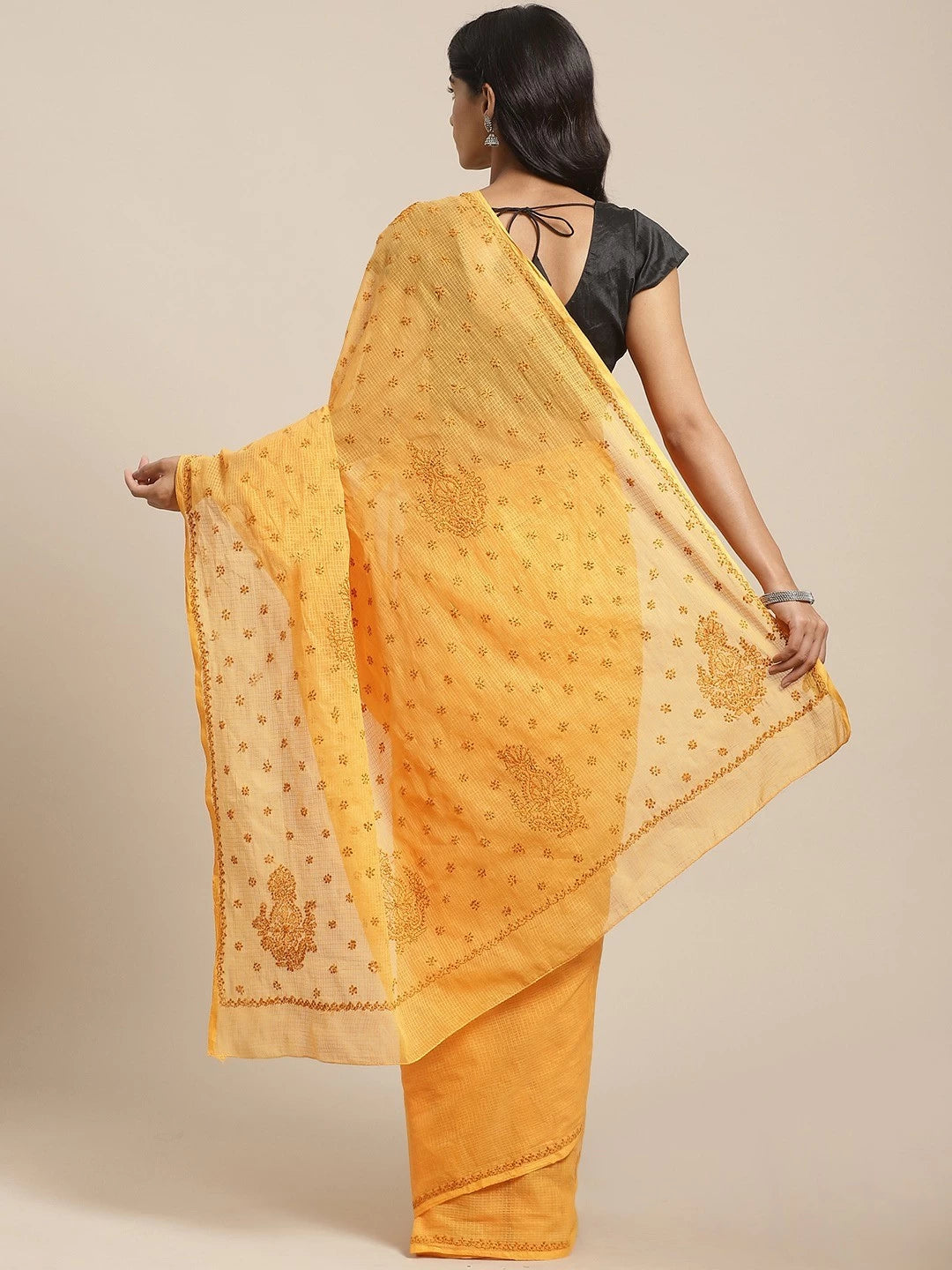 Ada Hand Embroidered Mustard Kota Lucknowi Chikankari Saree With Blouse A311112