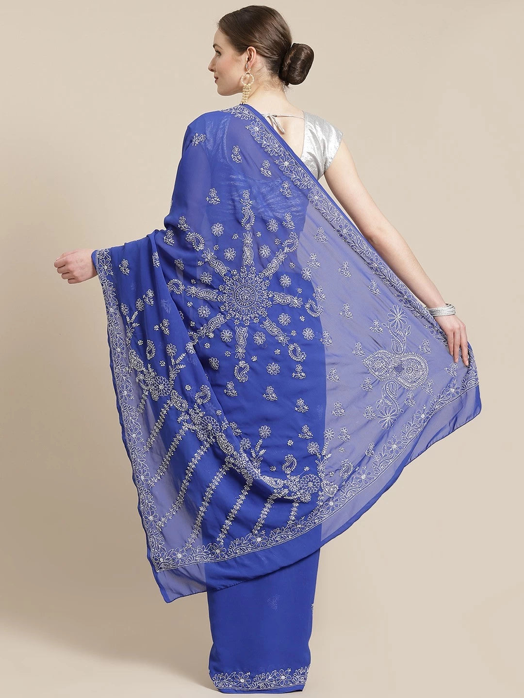 Ada Hand Embroidered Royal Blue Georgette Lucknow Chikankari Saree With Blouse A311256