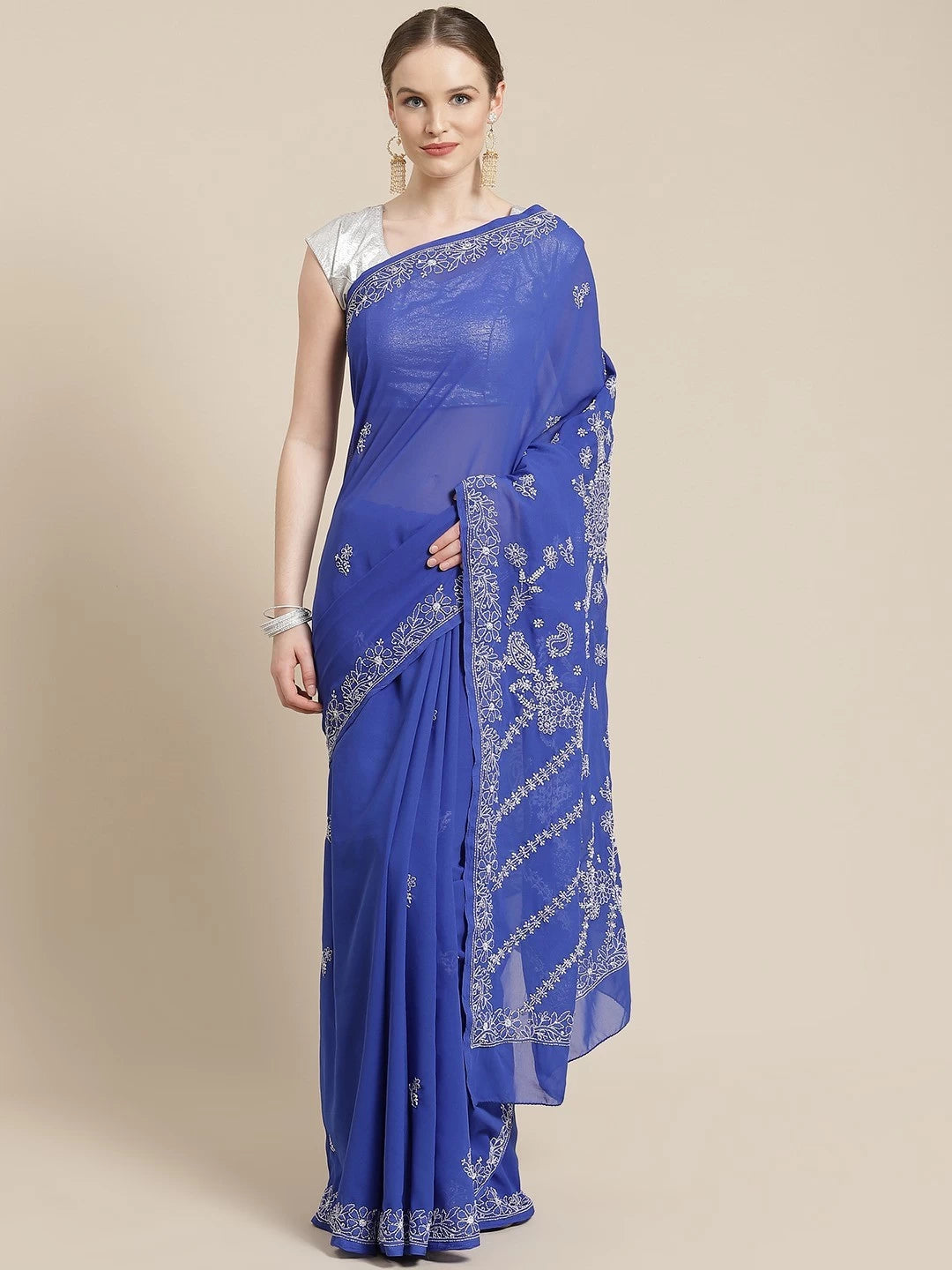 Ada Hand Embroidered Royal Blue Georgette Lucknow Chikankari Saree With Blouse A311256