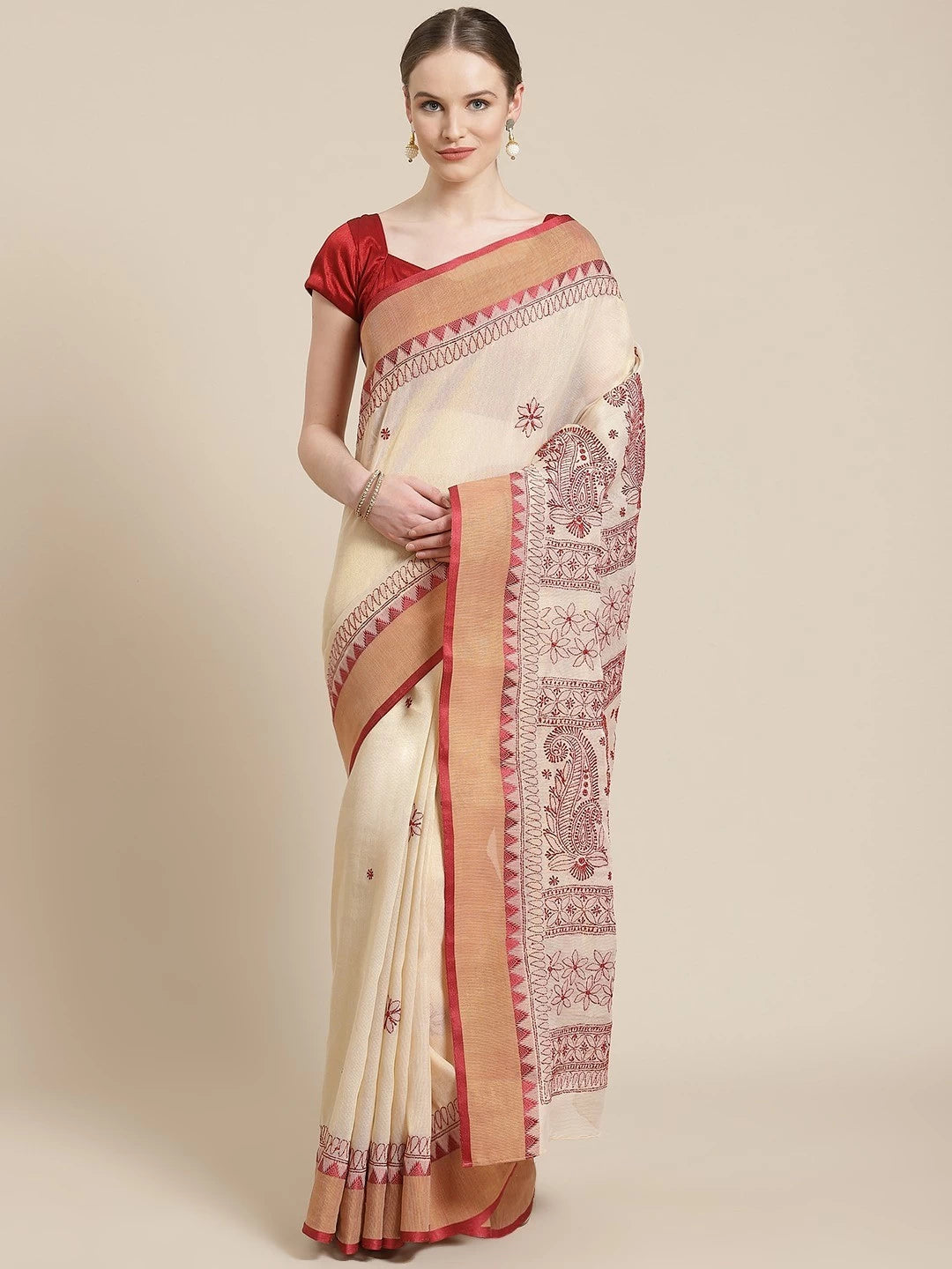 Ada Hand Embroidered Fawn Kota Lucknow Chikankari Saree With Blouse A311243