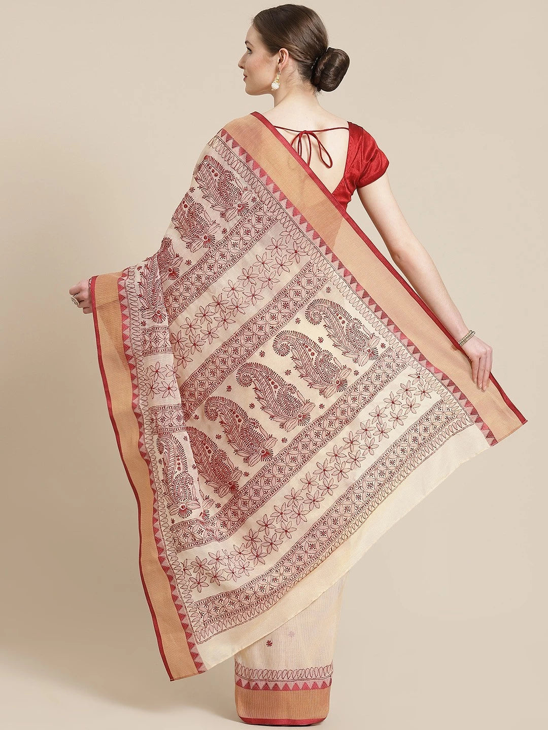 Ada Hand Embroidered Fawn Kota Lucknow Chikankari Saree With Blouse A311243