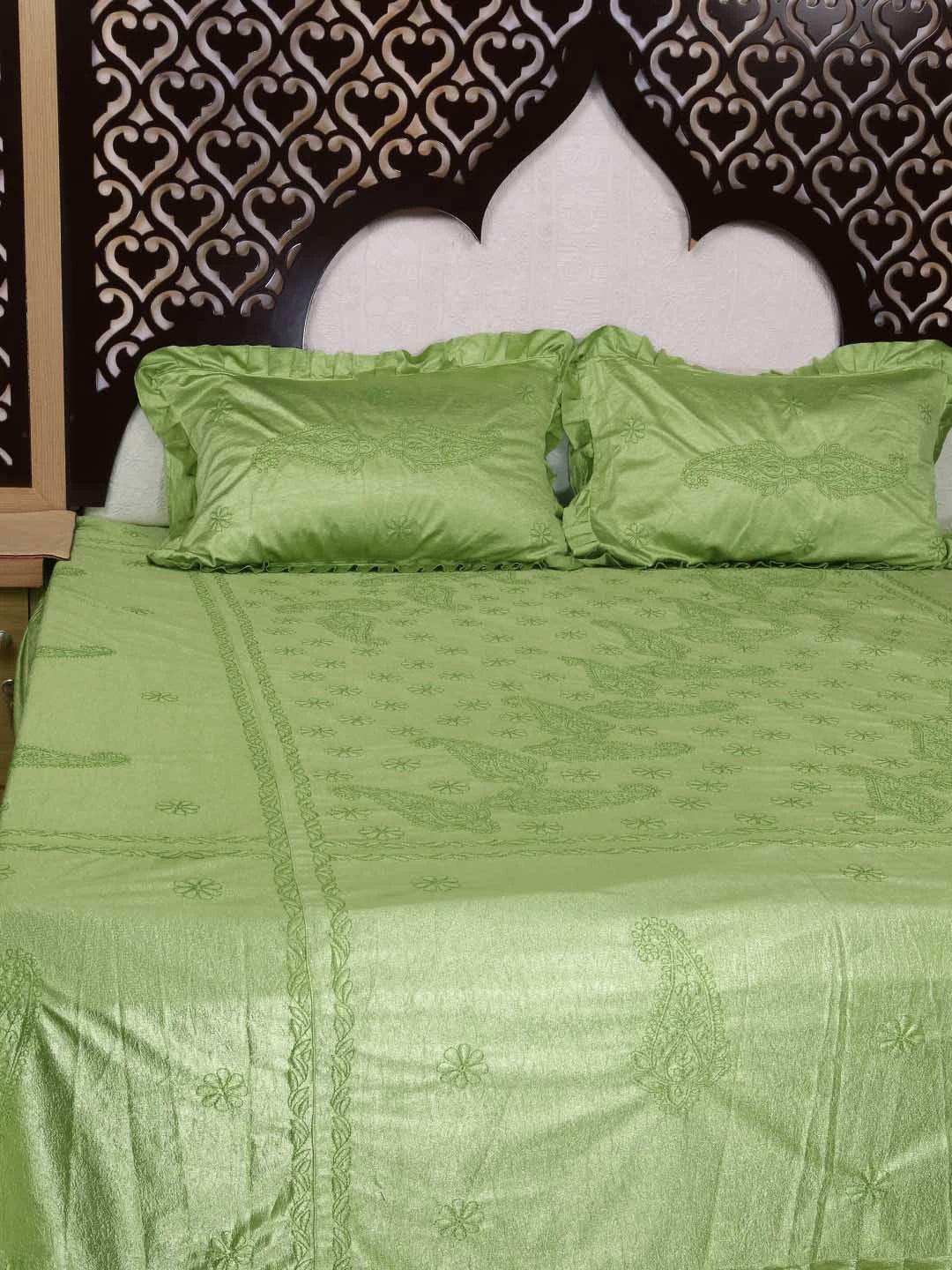 Ada Hand Embroidered Green Silk Lucknowi Chikankari Bed Sheet With Pillow and Cuhsion Cover Set 01A366302
