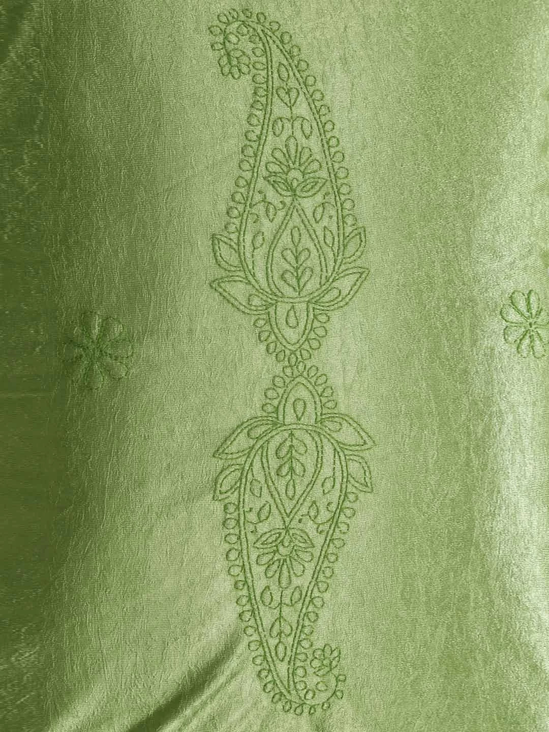 Ada Hand Embroidered Green Silk Lucknowi Chikankari Bed Sheet With Pillow and Cuhsion Cover Set 01A366302