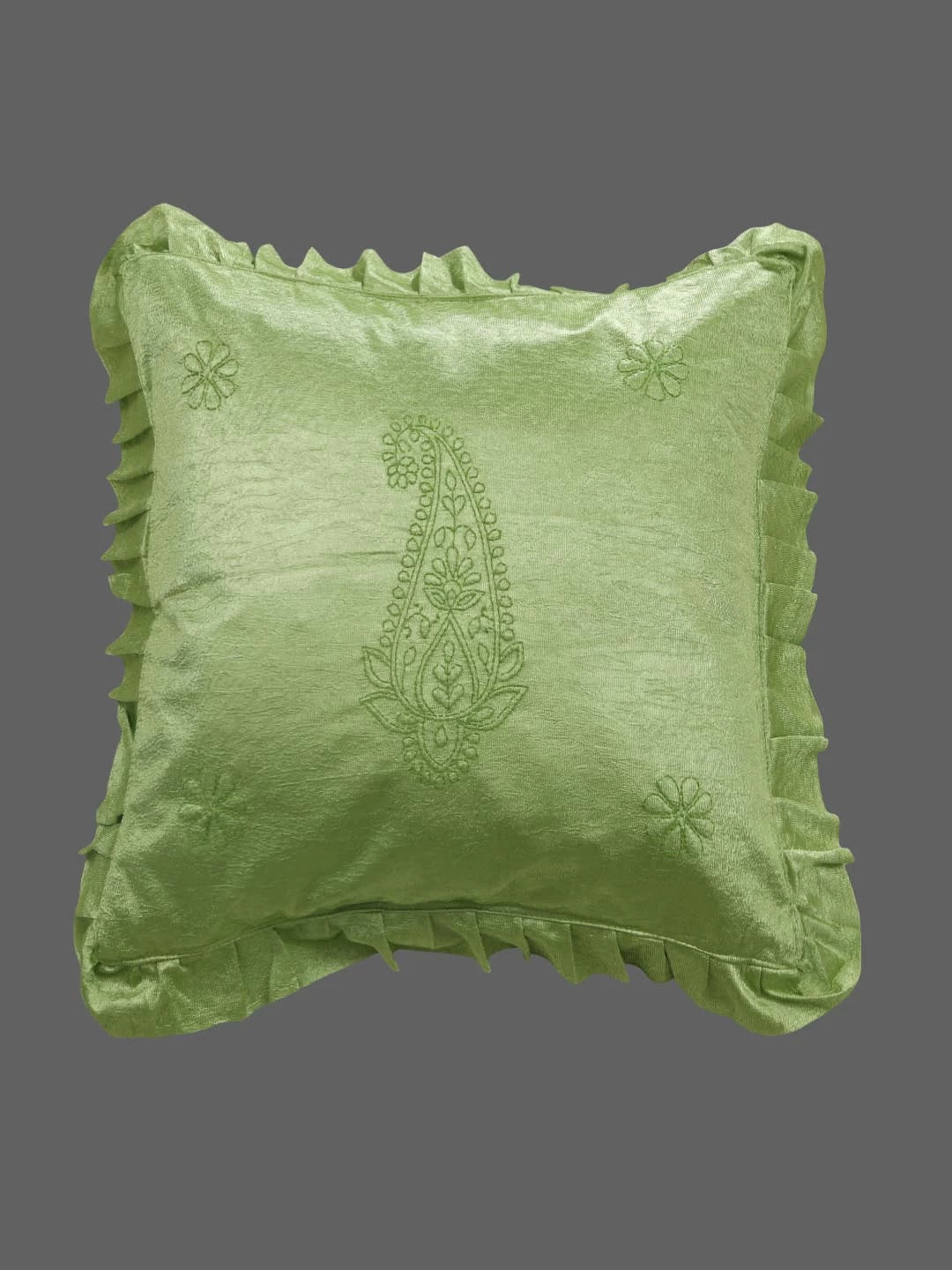 Ada Hand Embroidered Green Silk Lucknowi Chikankari Bed Sheet With Pillow and Cuhsion Cover Set 01A366302