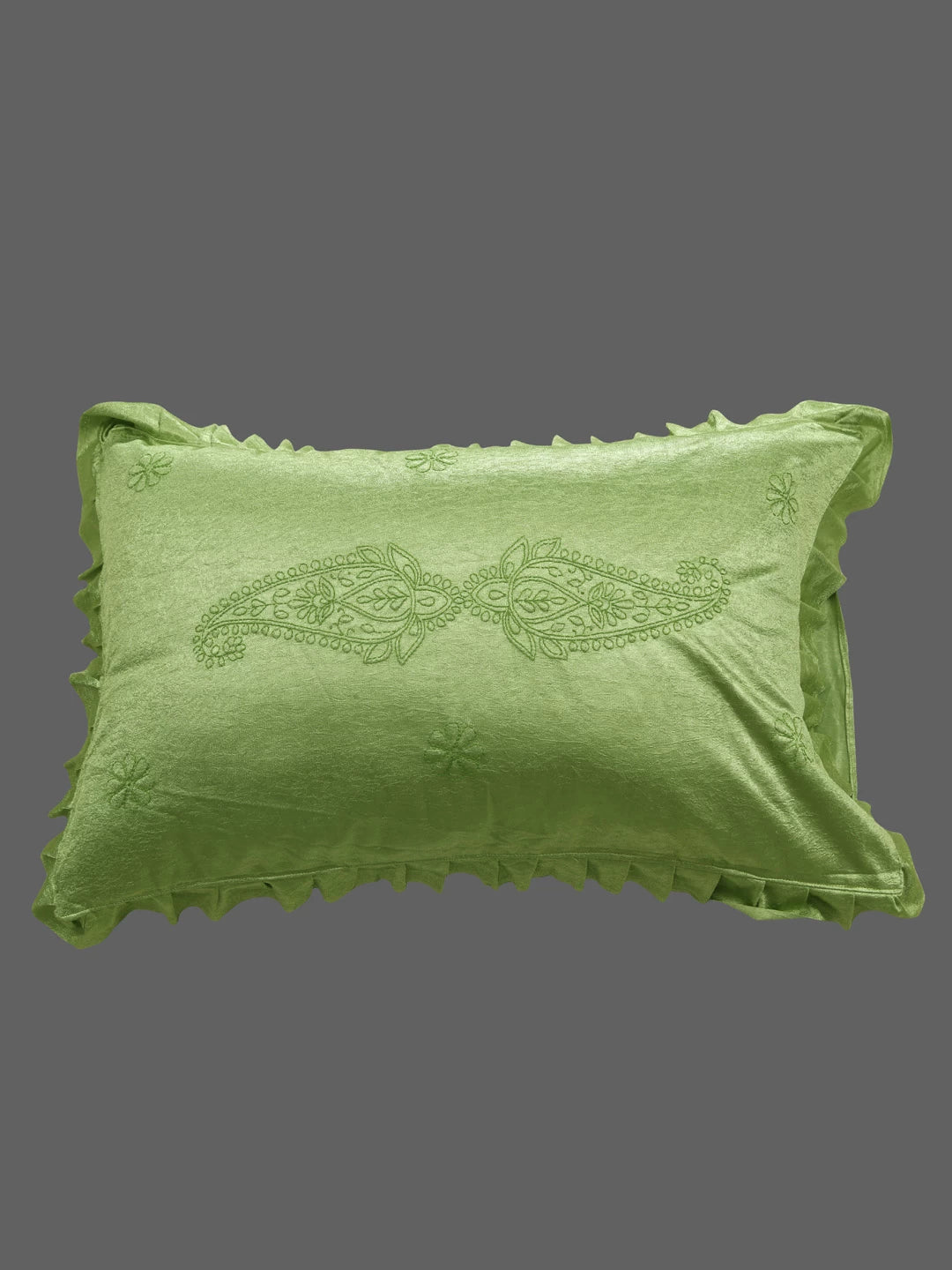 Ada Hand Embroidered Green Silk Lucknowi Chikankari Bed Sheet With Pillow and Cuhsion Cover Set 01A366302