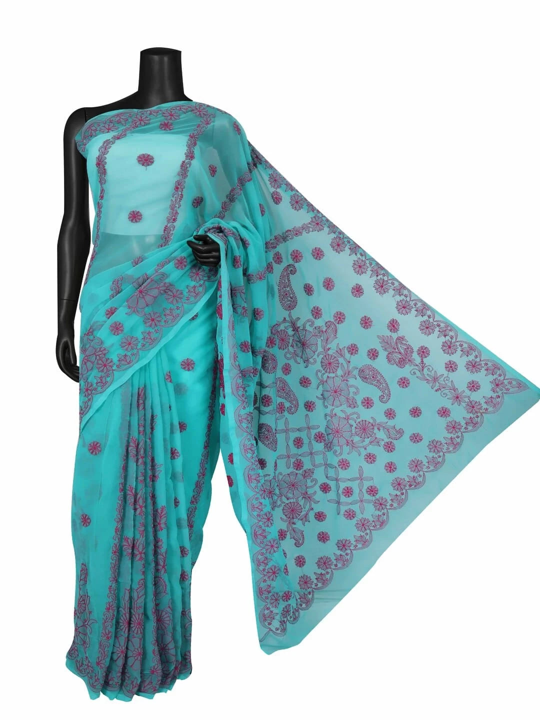 Ada Hand Embroidered Rama Green Georgette Lucknowi Chikankari Saree With Blouse 01A238069