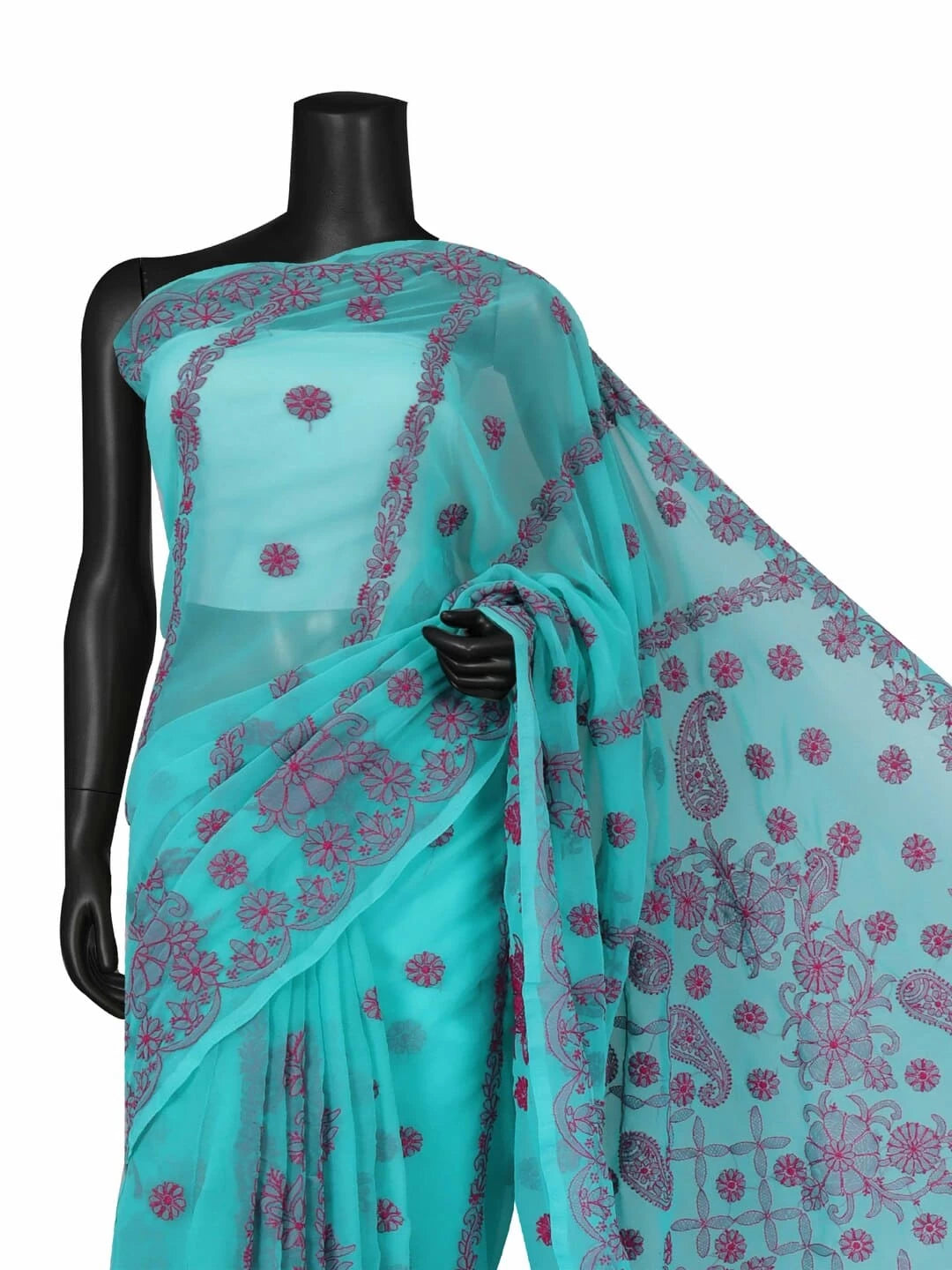 Ada Hand Embroidered Rama Green Georgette Lucknowi Chikankari Saree With Blouse 01A238069