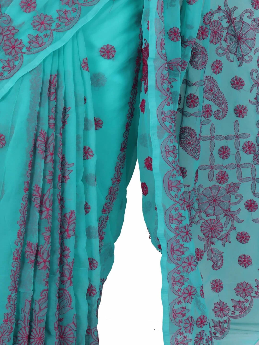 Ada Hand Embroidered Rama Green Georgette Lucknowi Chikankari Saree With Blouse 01A238069