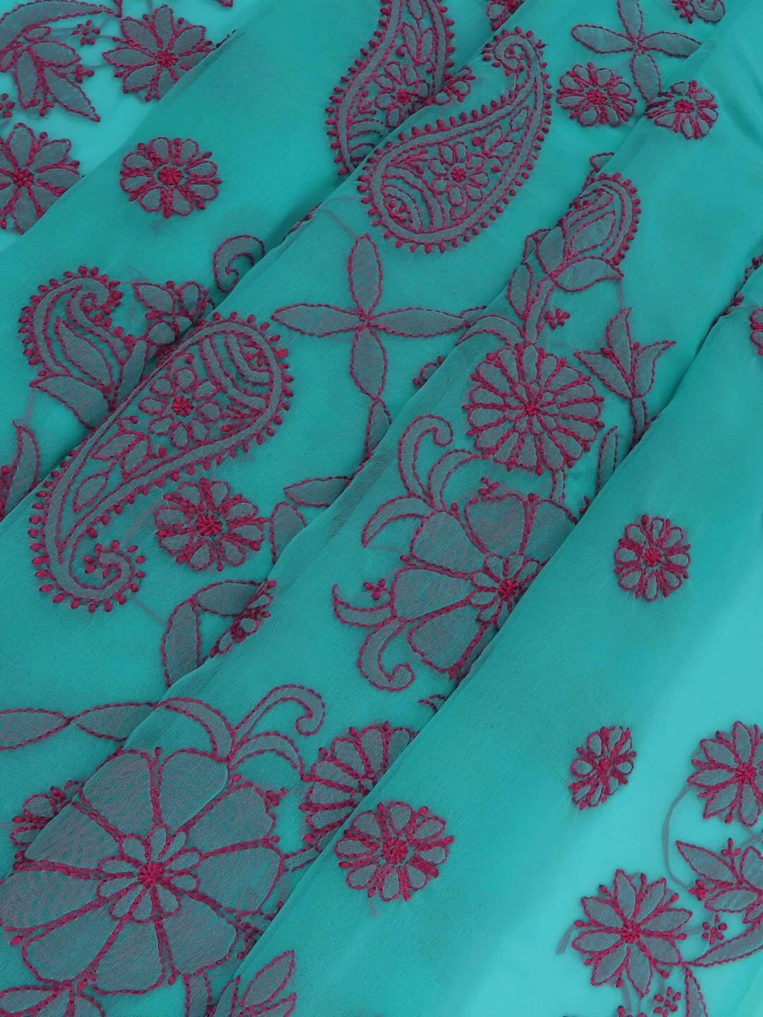 Ada Hand Embroidered Rama Green Georgette Lucknowi Chikankari Saree With Blouse 01A238069