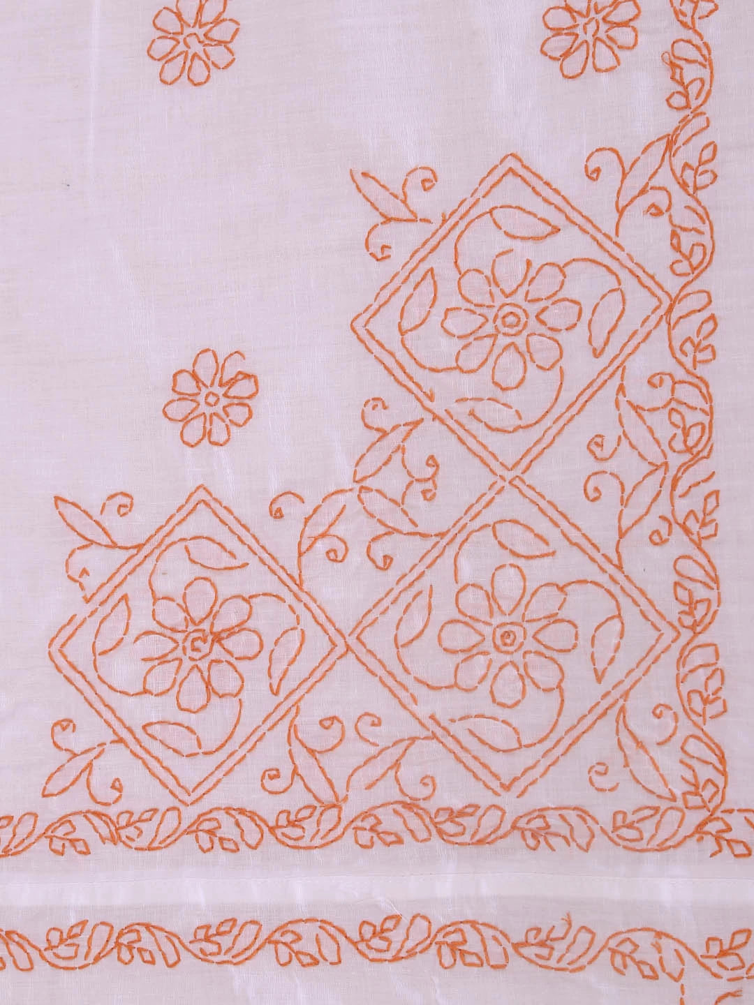Ada Hand Embroidered White/Peach Cotton Lucknowi Chikankari Bed Sheet With Pillow Cover Set 01A366299