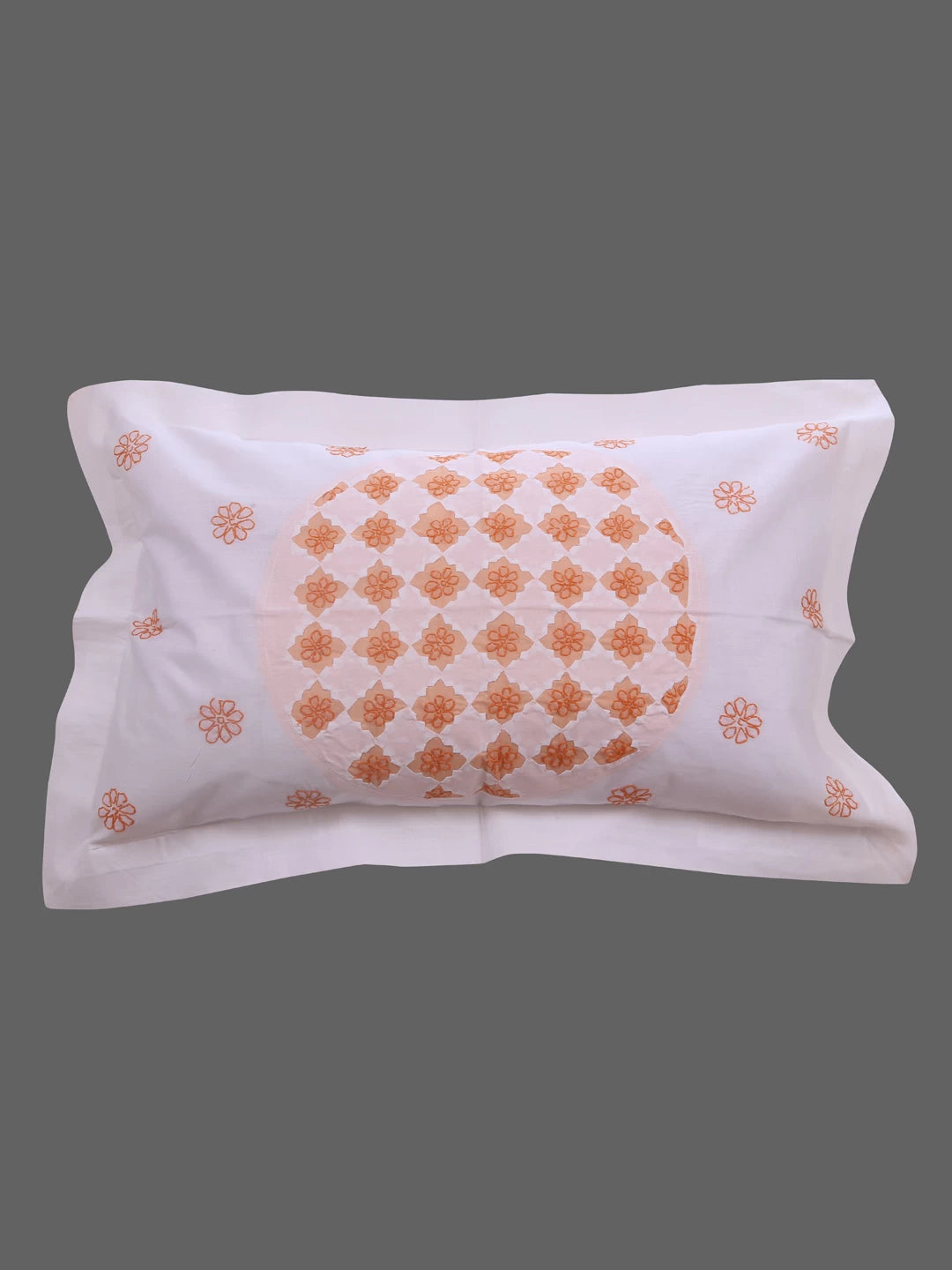 Ada Hand Embroidered White/Peach Cotton Lucknowi Chikankari Bed Sheet With Pillow Cover Set 01A366299