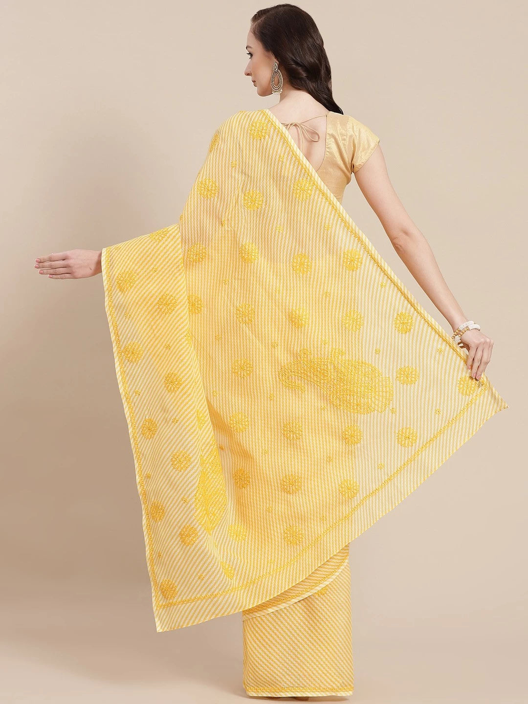 Ada Hand Embroidered Yellow Kota Lucknow Chikankari Saree With Blouse A311354